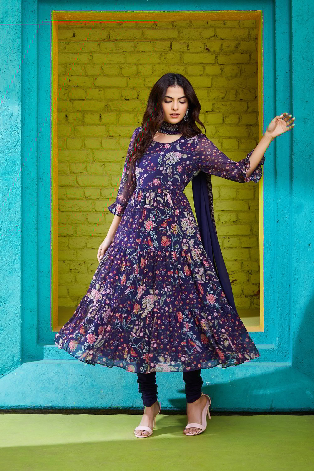 Indigo Polyester Anarkali Suit Set image number 6