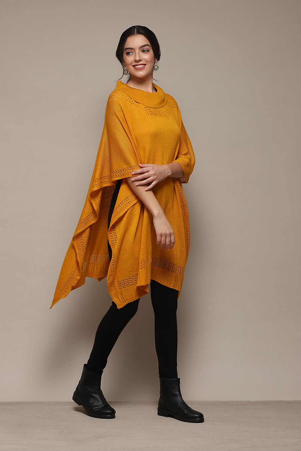 Mustard Acrylic Solid Straight Poncho Sweater image number 1