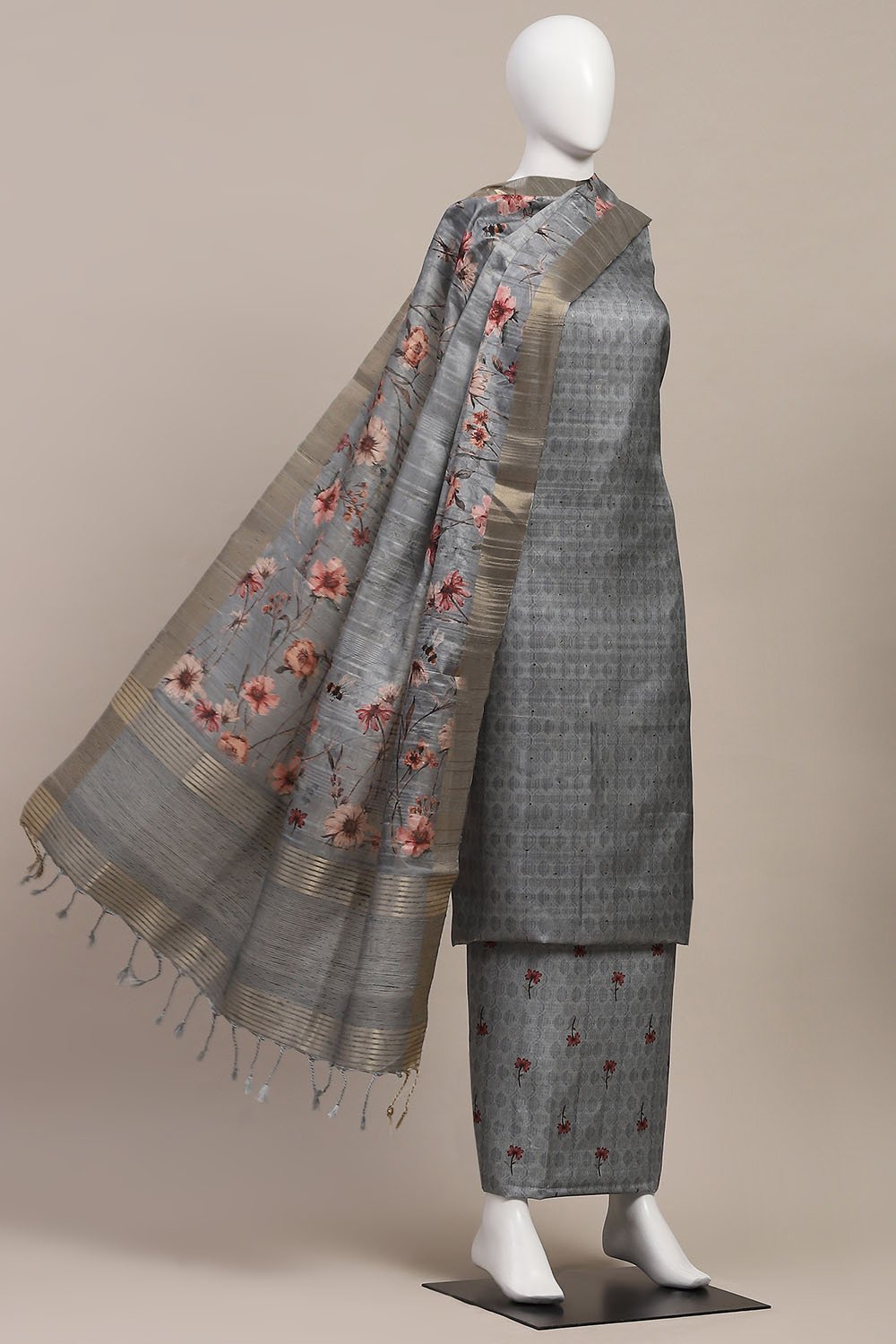 Peach Silk Tussar Handloom Unstitched Suit Set image number 4