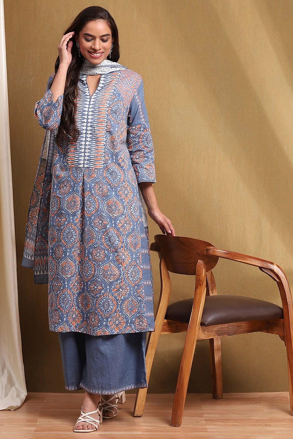 Purple Cotton Printed A-Line Suit Set image number 0