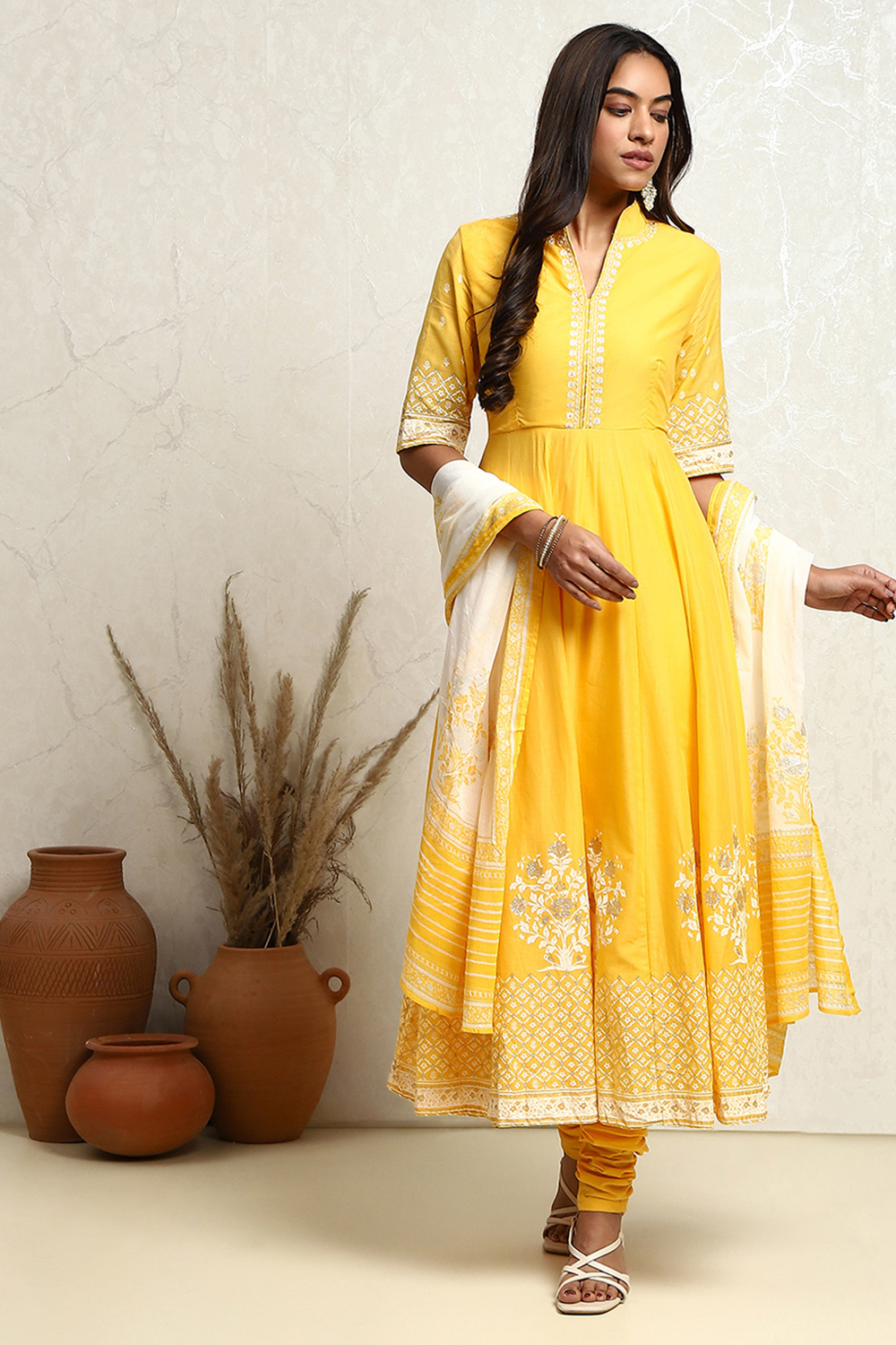 Yellow Blue Printed Cotton Anarkali Suit Set image number 0