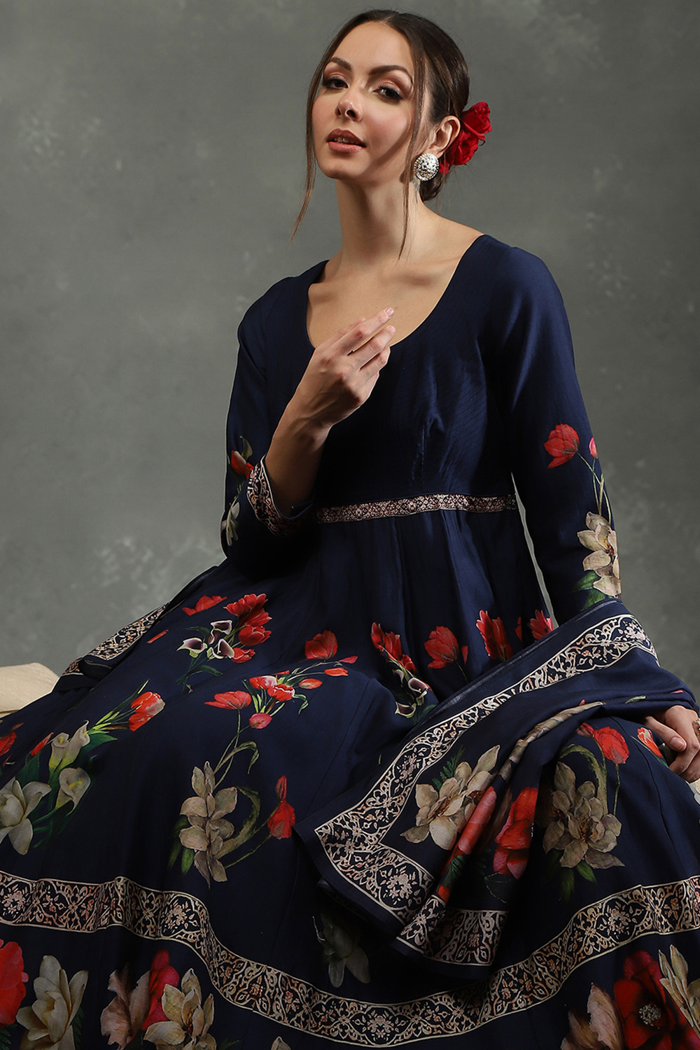 Maroon Silk Chanderi Floral Anarkali Suit Set image number 6