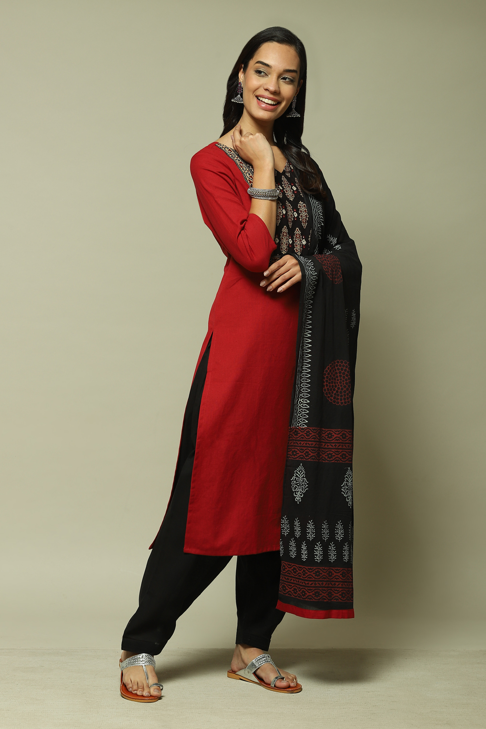 Red Flex Machine Embroidered Unstitched Suit Set image number 6