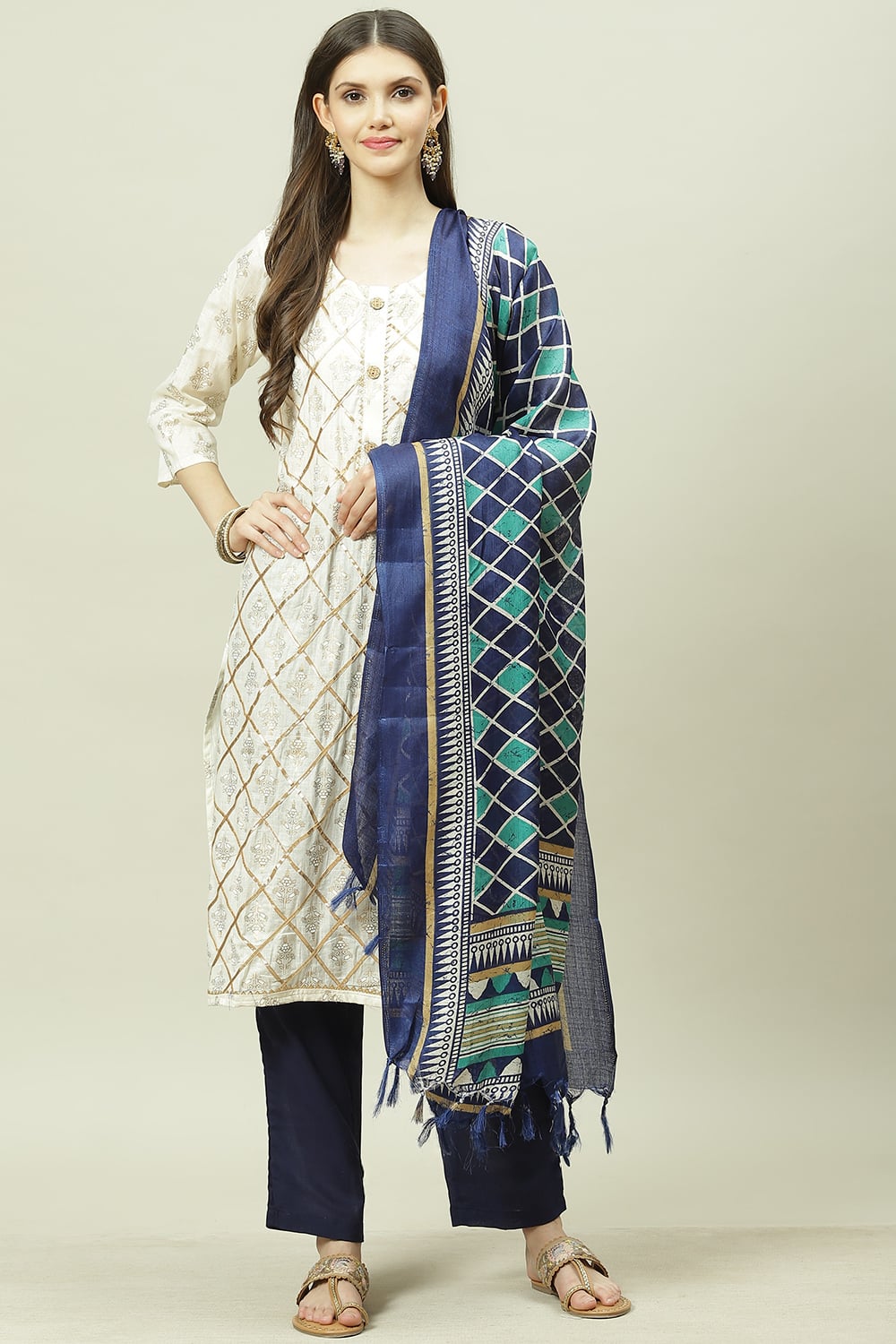 Blue Cotton Machine Embroidered Unstitched Suit Set image number 0