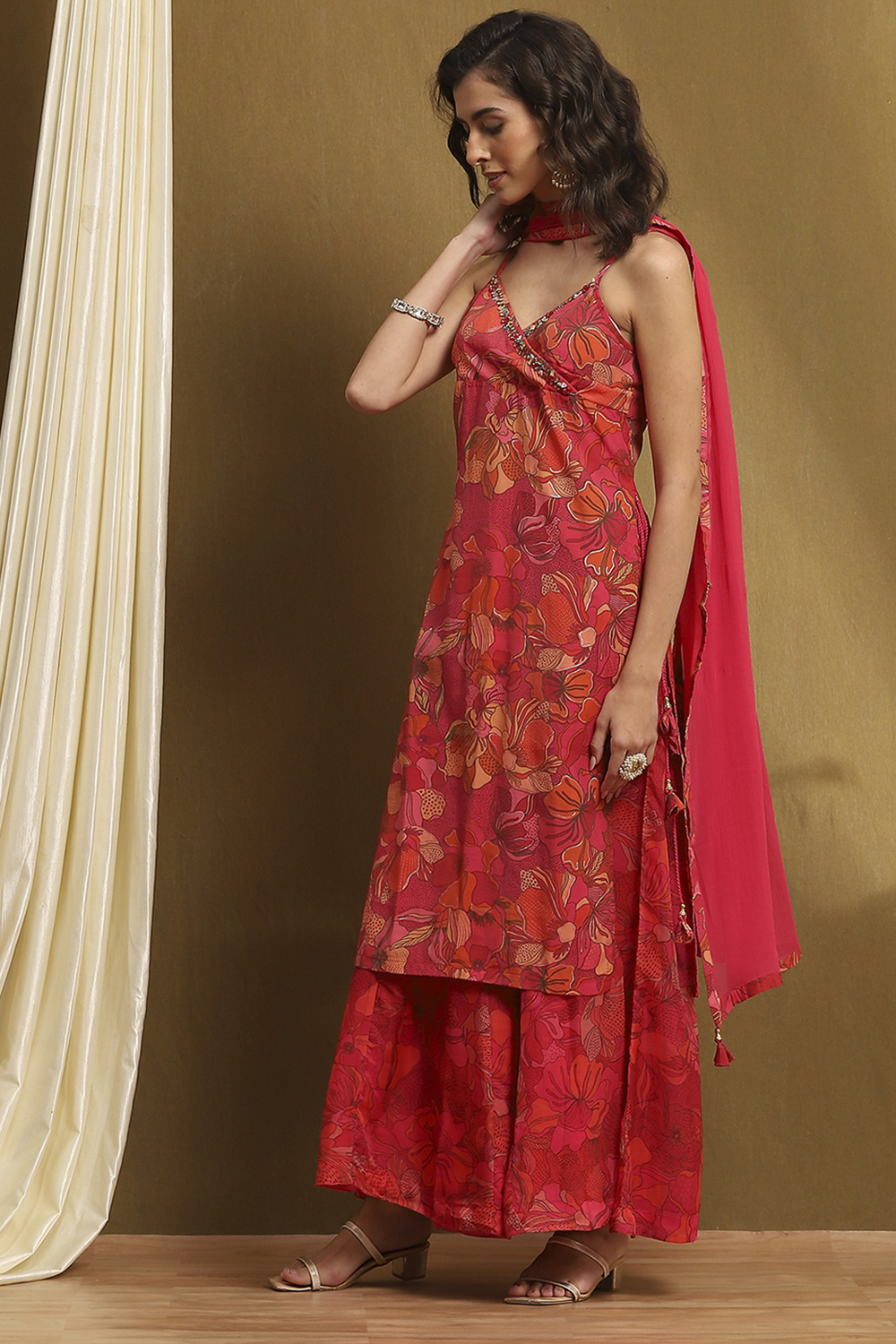 Rust Floral Printed Straight Suit Set image number 3