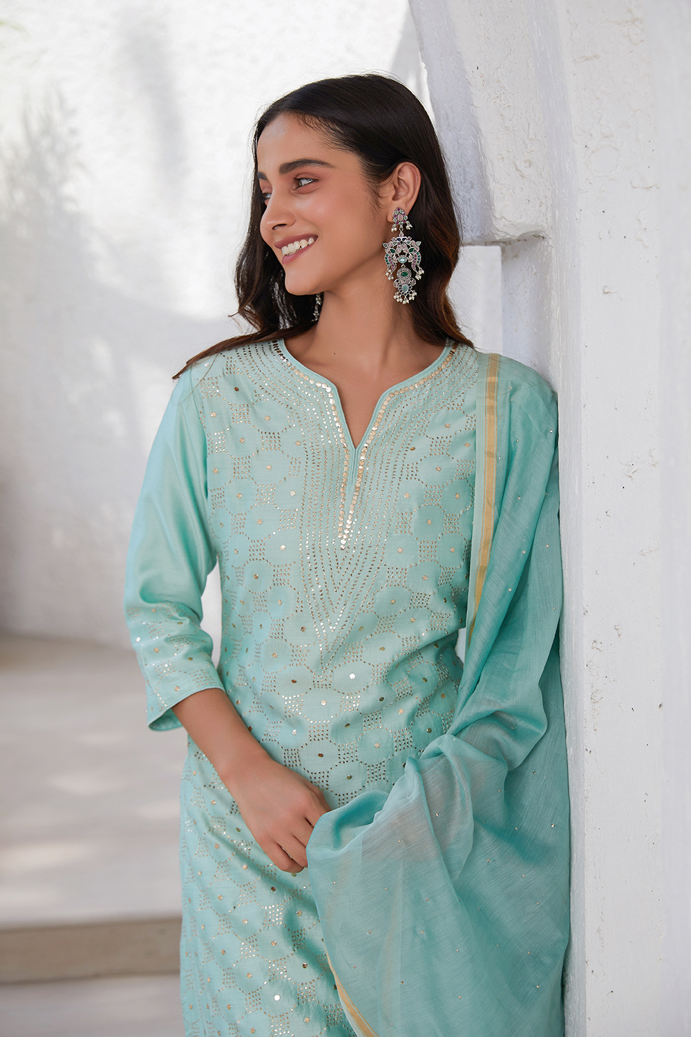 Pink Yard-Dyed Chanderi Kurta & Pants Suit Set image number 9