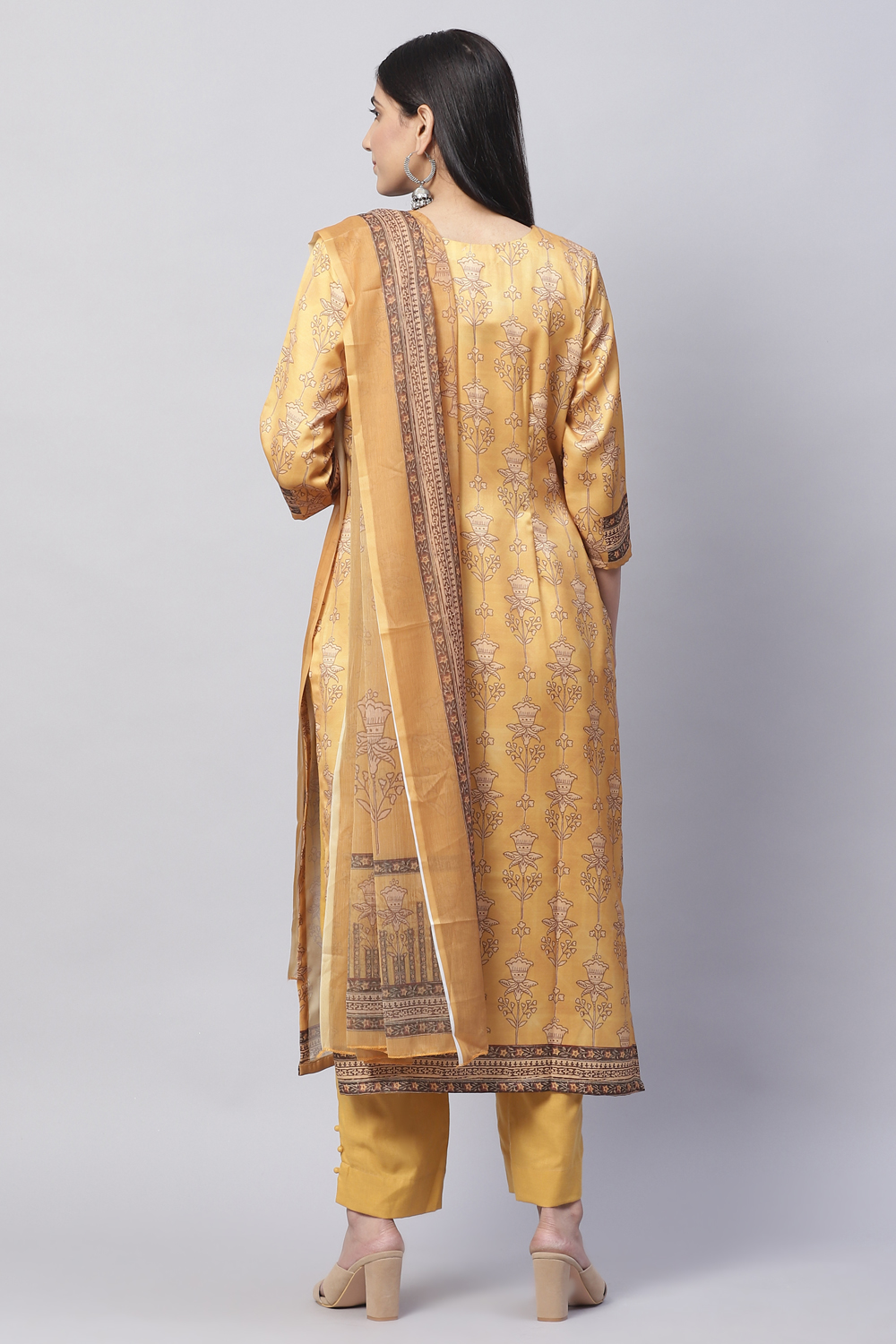 Navy Silk Blend Digital Print Unstitched Suit Set image number 4