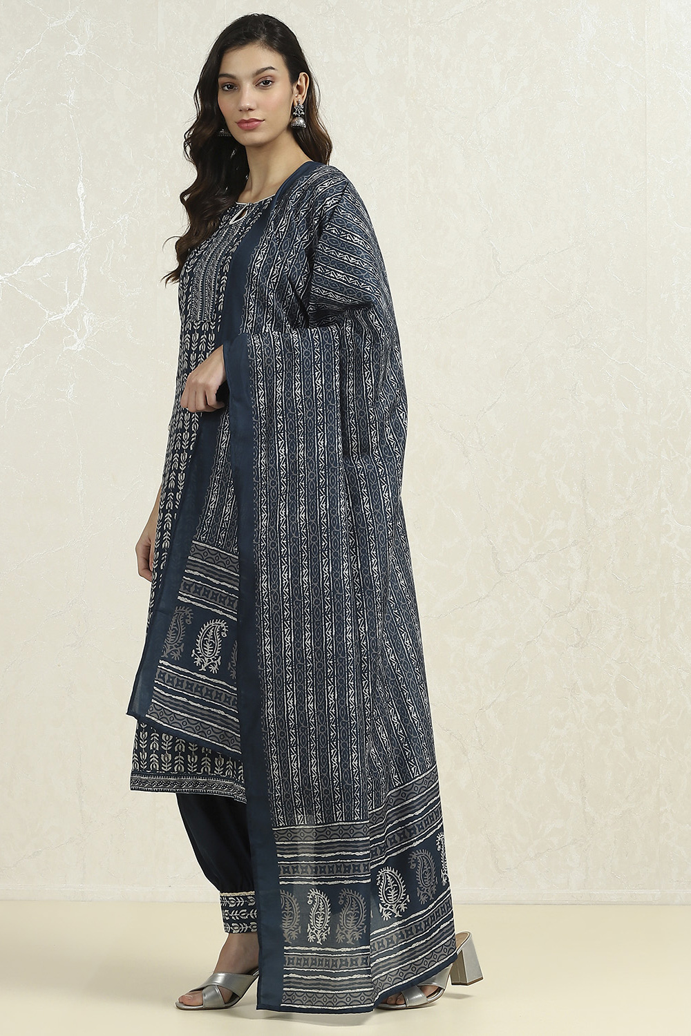 Red Cotton Blend Printed Unstitched Suit Set image number 7