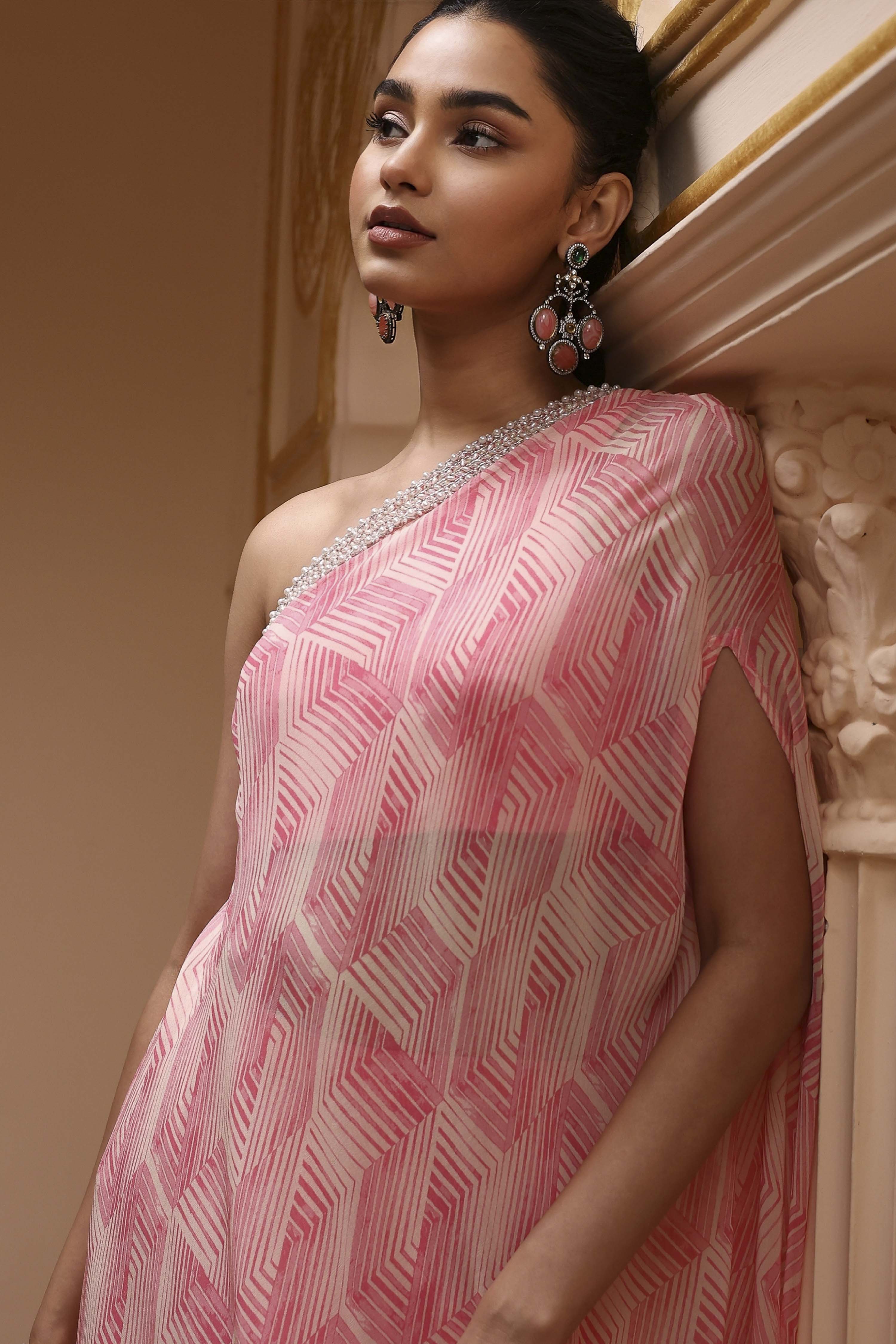 Pink Viscose Georgette Printed One-Shoulder Kurta Set image number 1