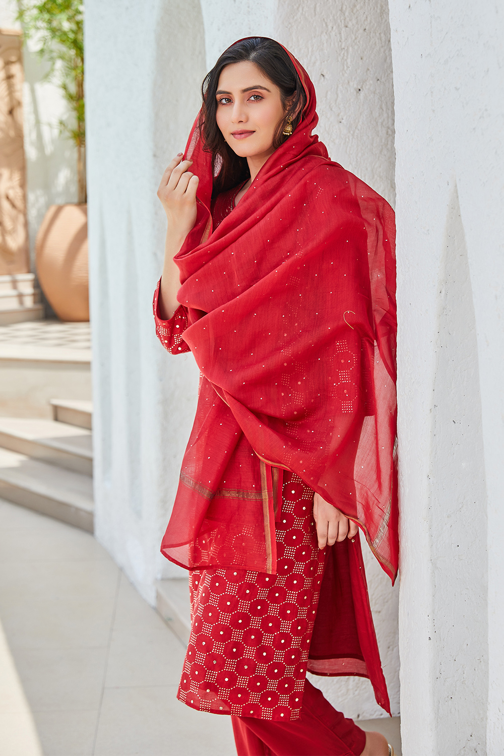 Pink Yard-Dyed Chanderi Kurta & Pants Suit Set image number 0