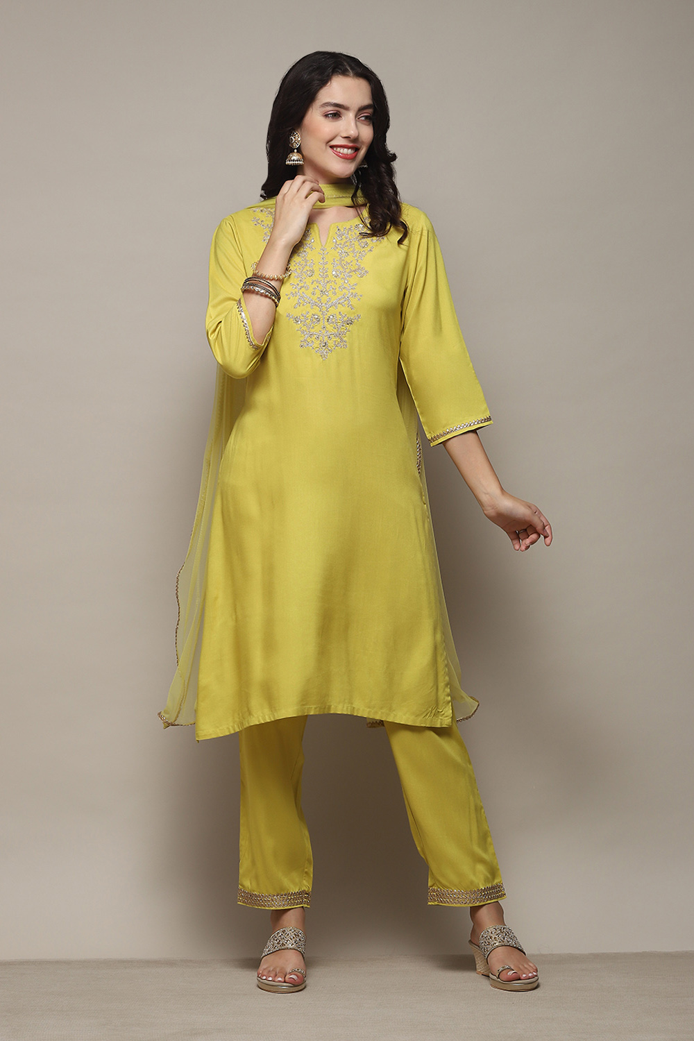 Lime Green Rayon flax Narrow Kurta Pant Suit Set image number 0