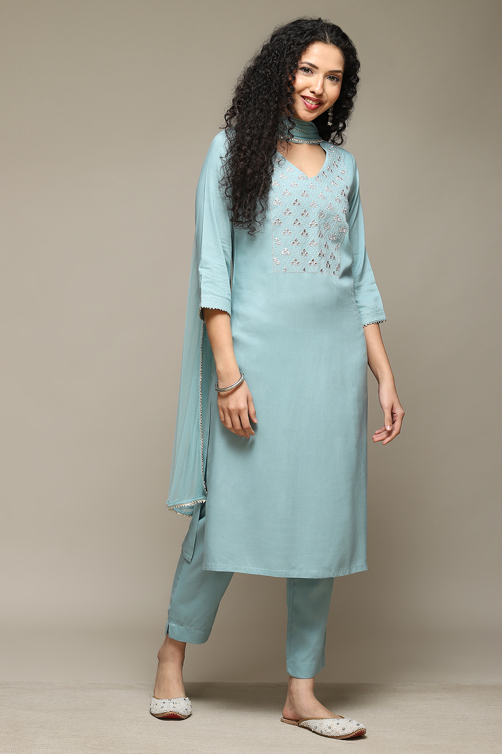 Yellow Rayon Straight Kurta Pants Suit Set image number 6