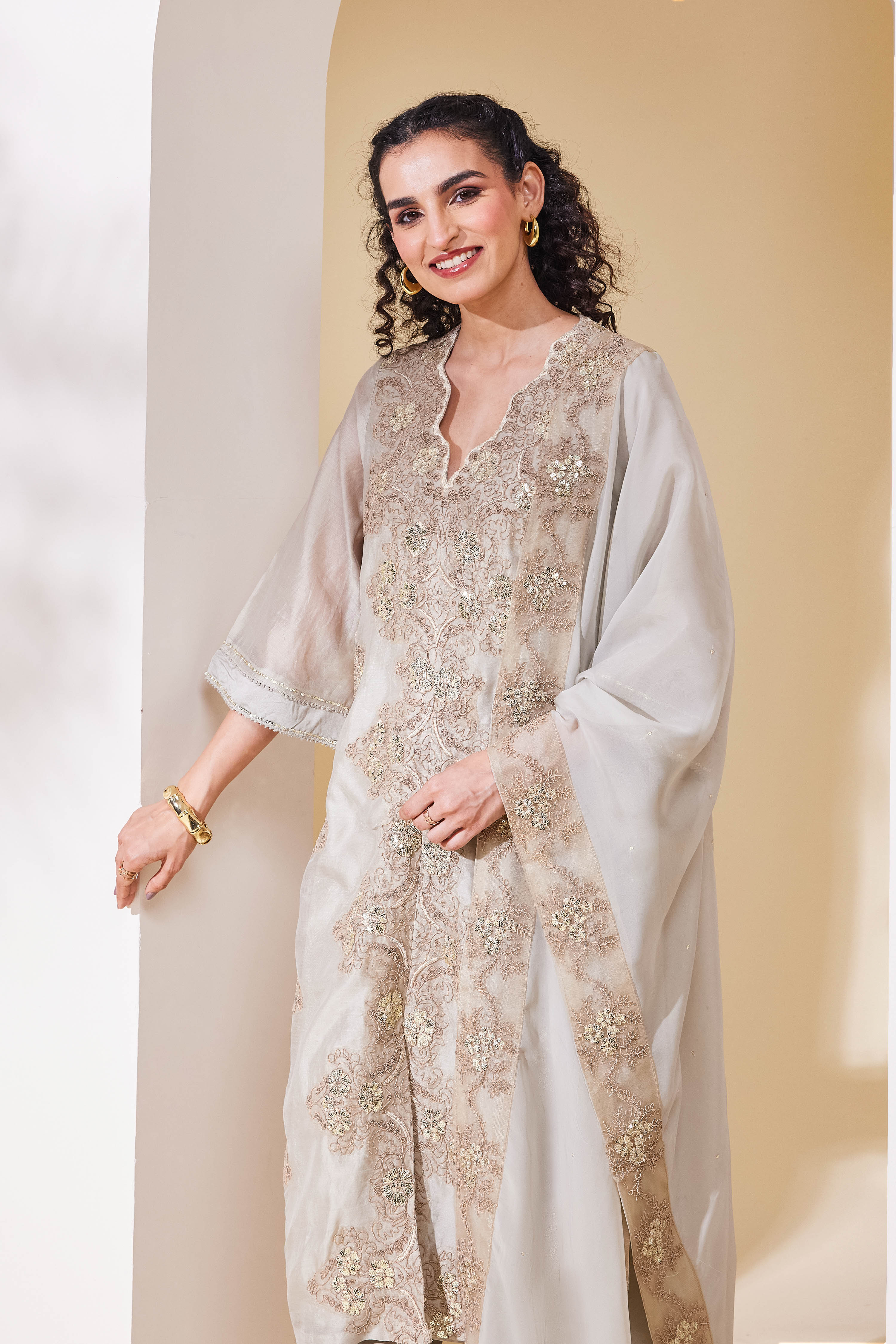 Beige Cotton Blend Straight Embroidered Suit Set image number 7