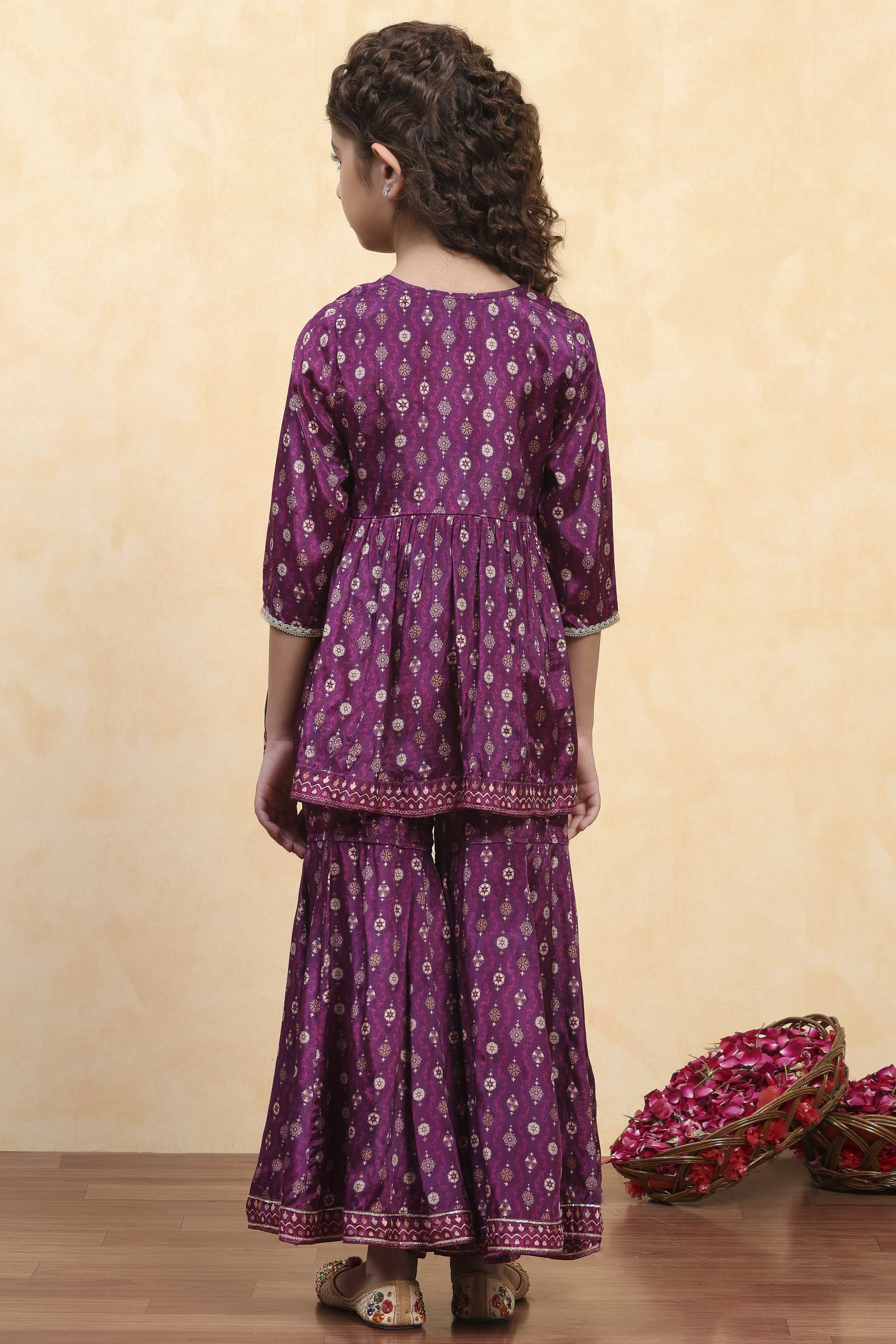 Purple Viscose Rayon Printed Peplum Suit Set image number 4