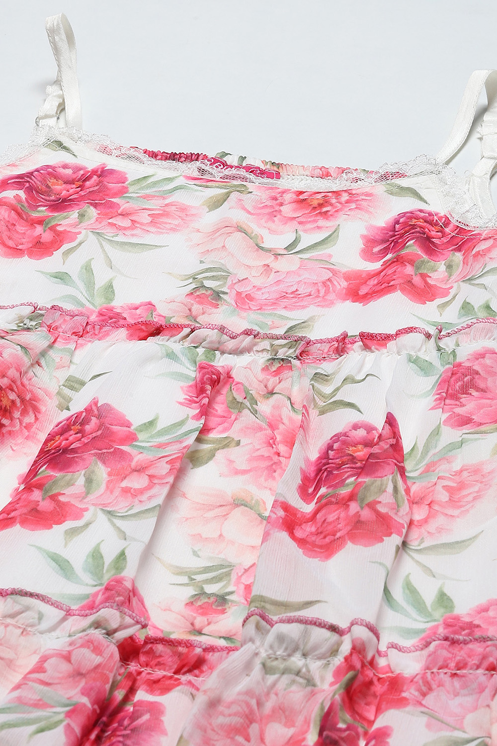 Off-White and Pink Poly Chiffon Floral Tiered Suit Set image number 1