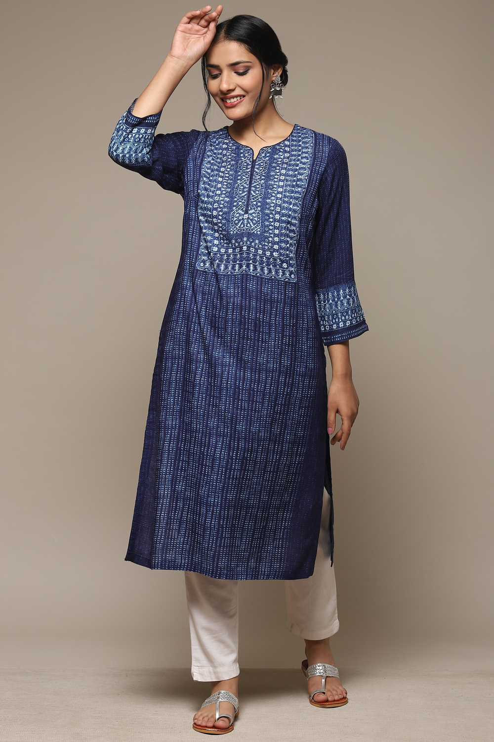 Indigo LIVA Straight Printed Kurta image number 0
