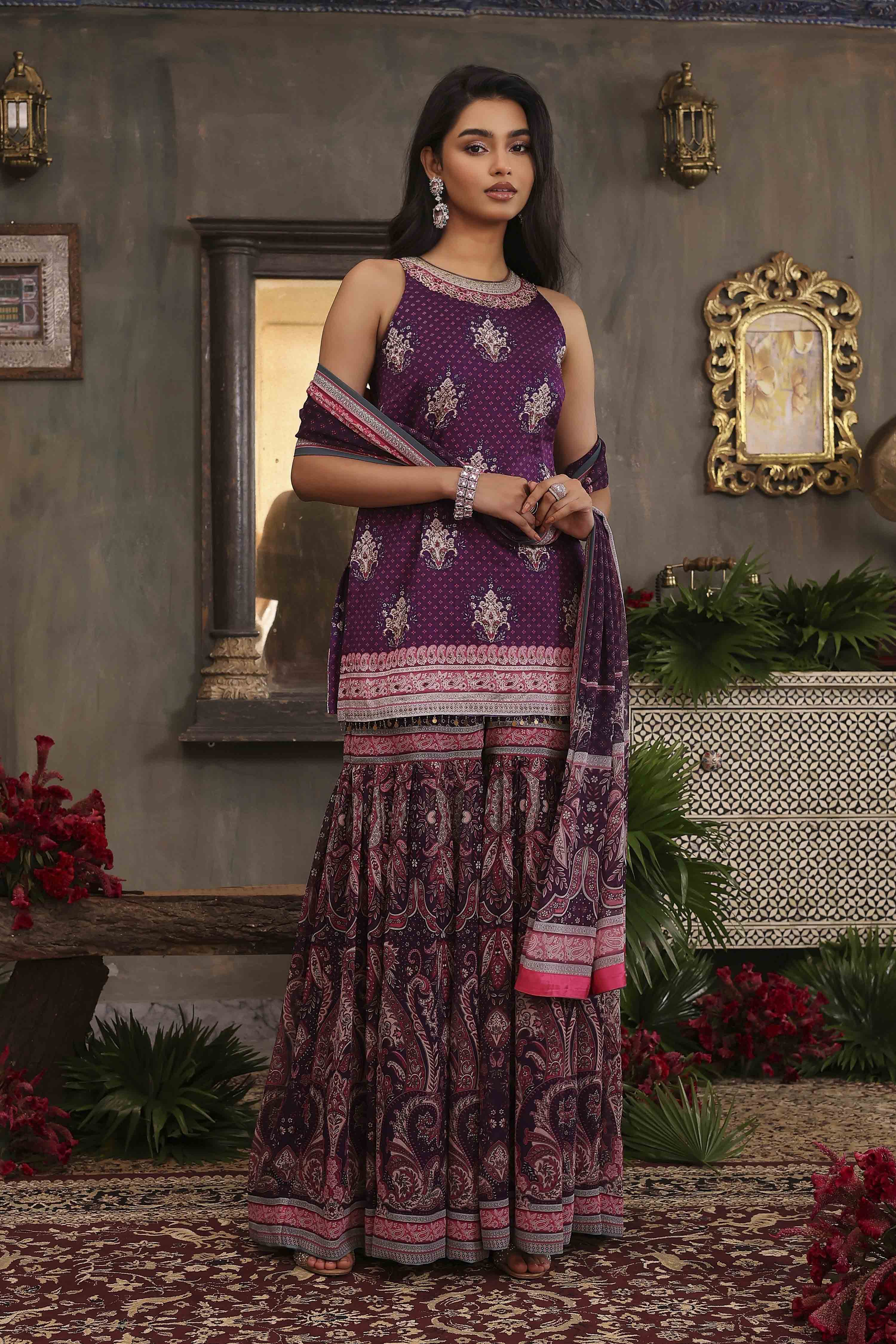 Purple Chanderi Digital Printed Garara Straight Suit Set image number 6