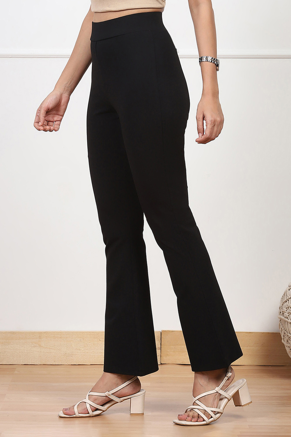 Grey Solid Stretchable Bootcut Slim Fit Pants image number 2