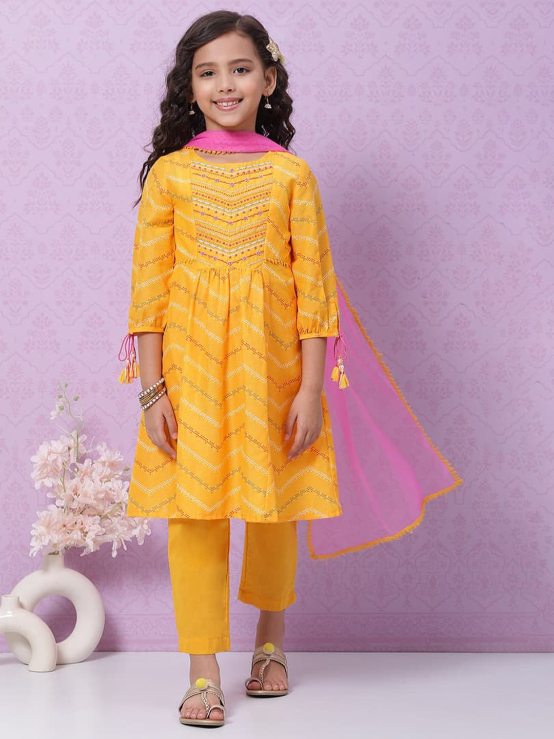 Yellow Cotton Anarkali Kurta Narrow Pants Suit Set image number 0