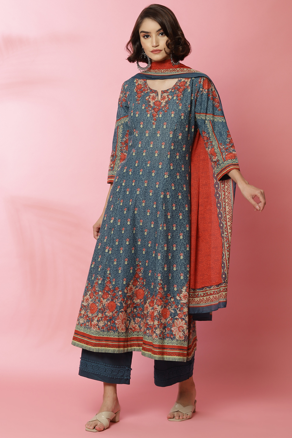 Blue Cotton Kalidar Kurta Palazzo Suit Set image number 5