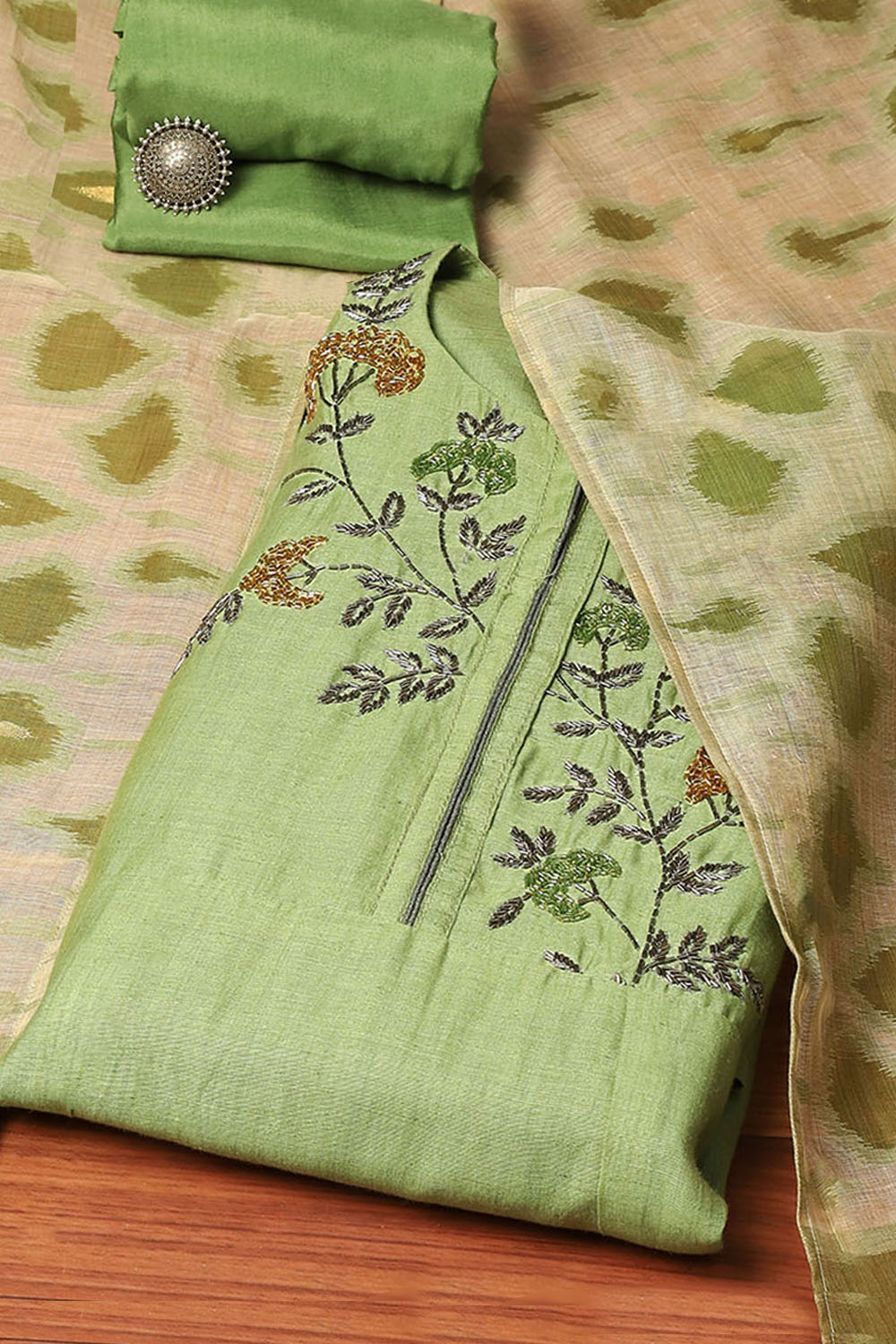 Green Cotton Machine Embroidered Unstitched Suit Set image number 0