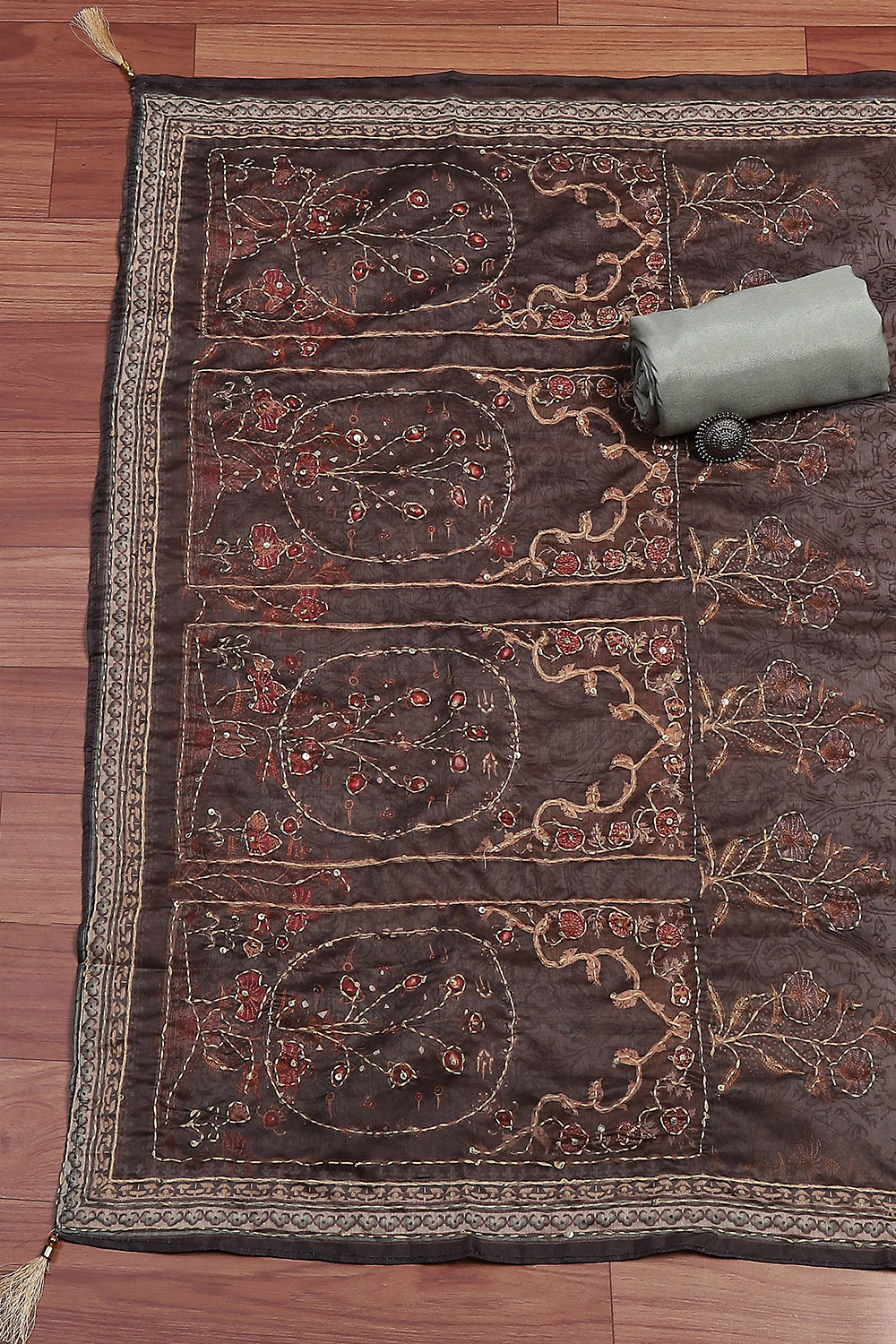 Grey Chanderi Hand Embroidered Unstitched Suit Set image number 3