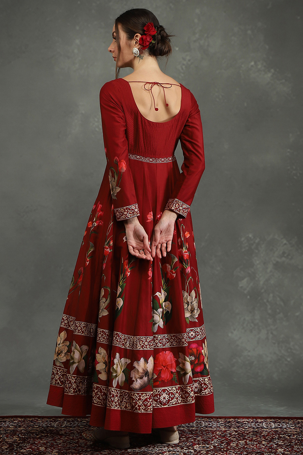Maroon Silk Chanderi Floral Anarkali Suit Set image number 3
