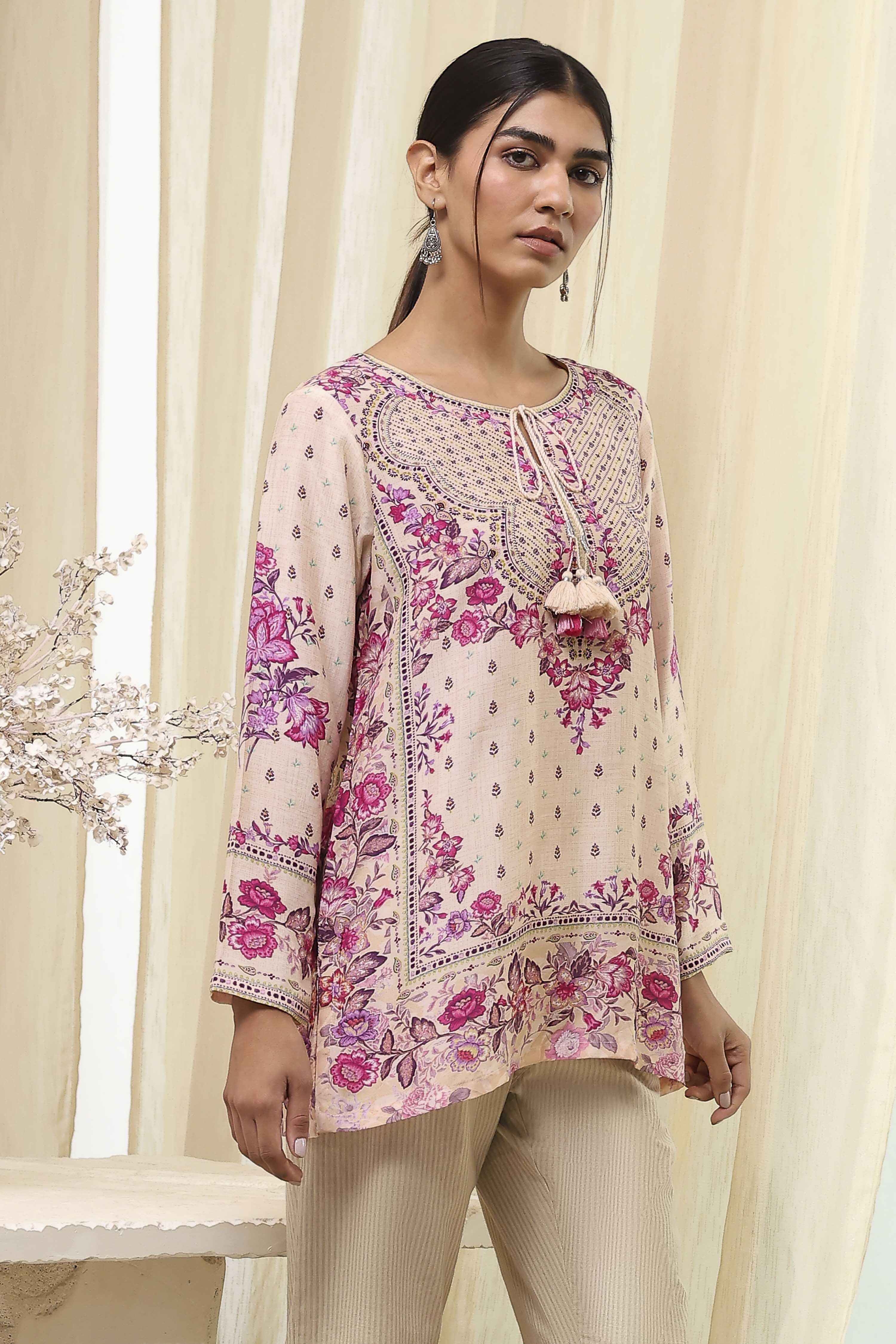 Off-White and Pink Modal Blend Straight Short Kurta image number 0