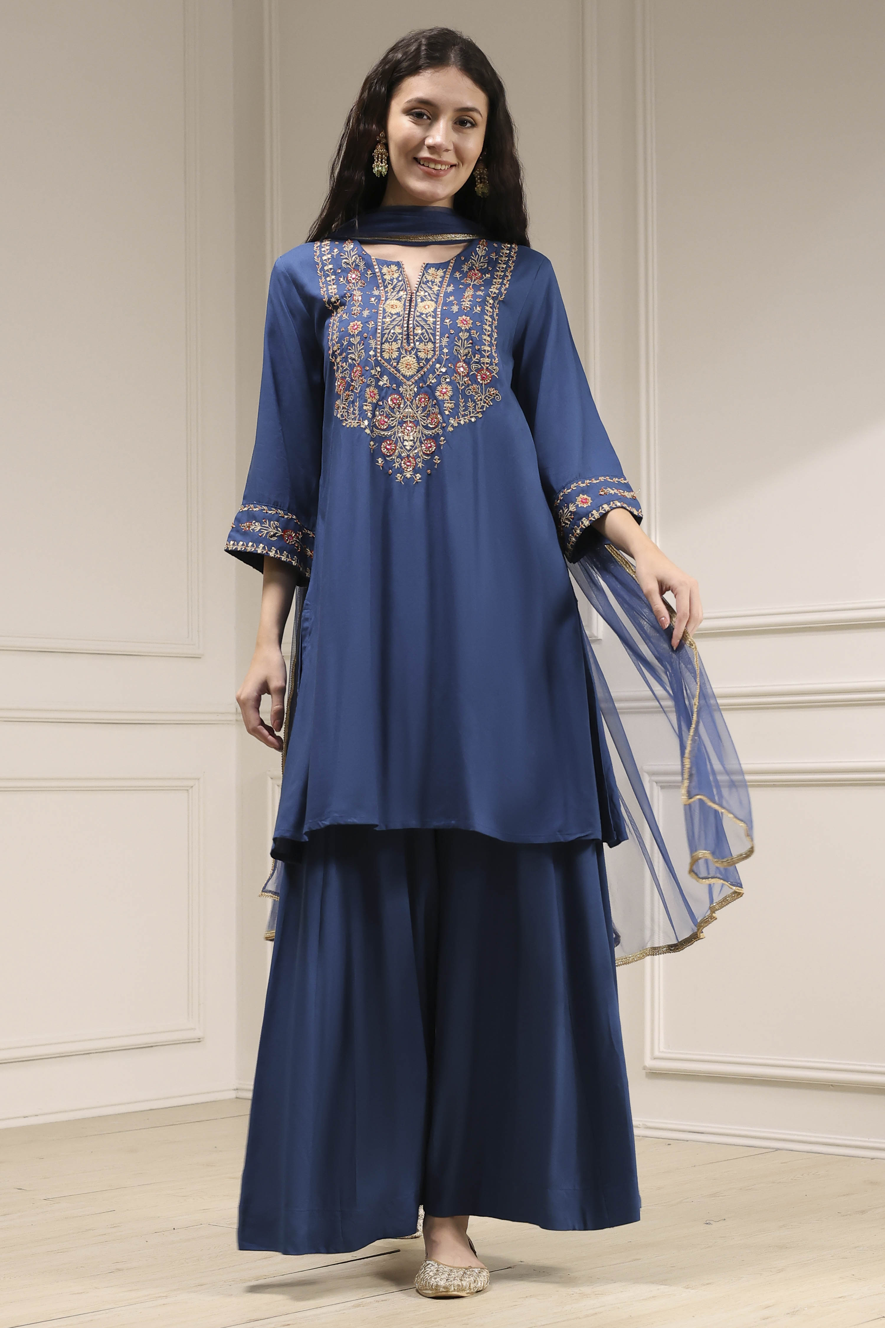 Navy Blue Embroidered Straight Suit Set image number 6