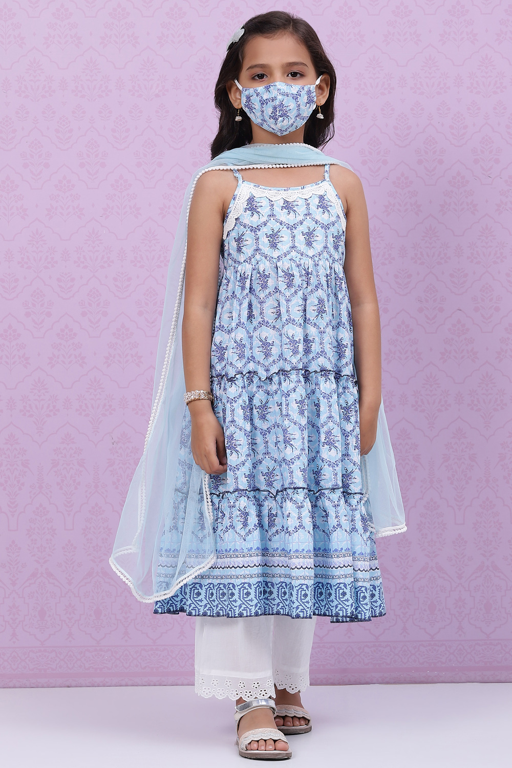 Blue Cotton Flared Straight Kurta Palazzo Suit Set image number 7