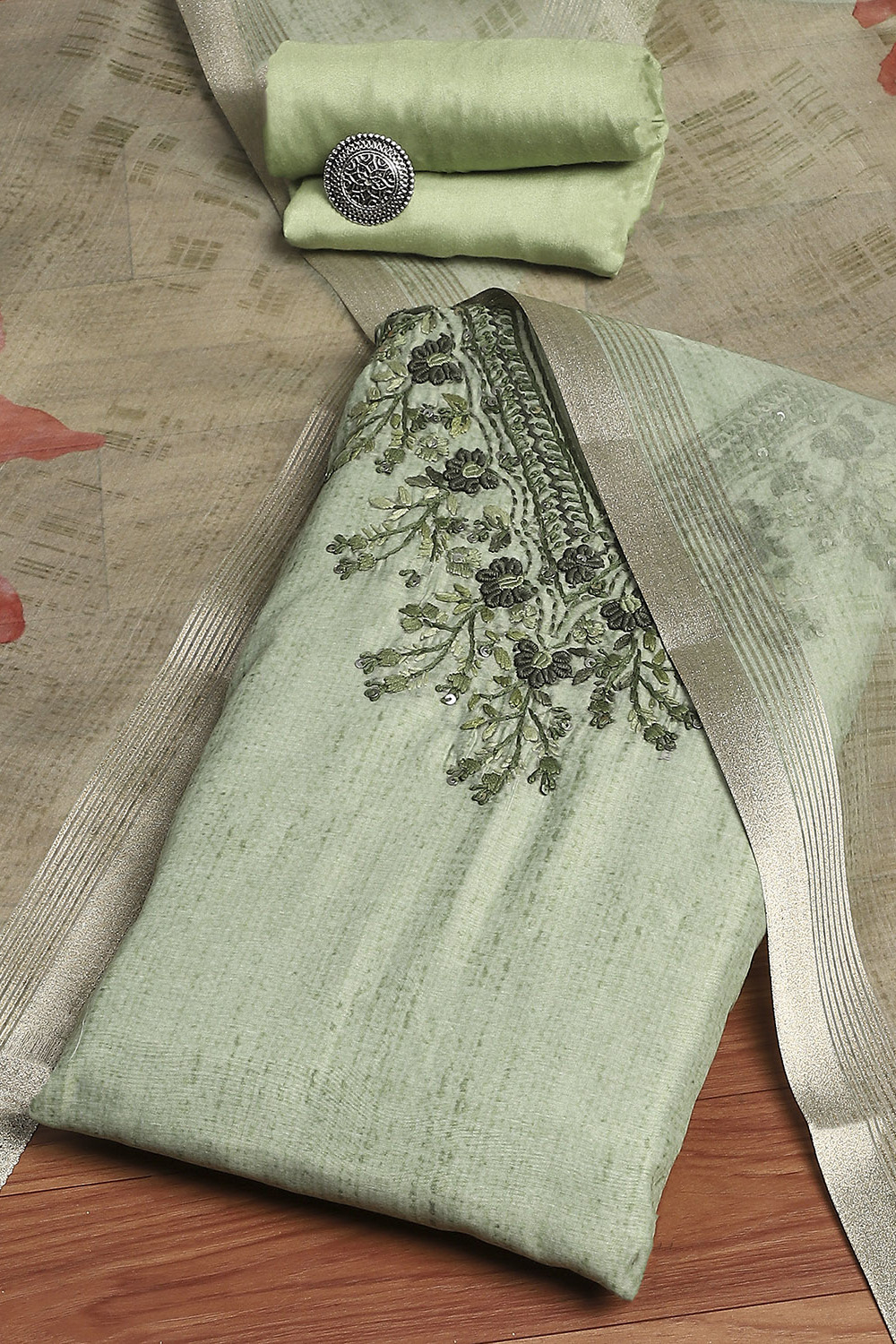 Green Chanderi Hand Embroidered Unstitched Suit Set image number 0