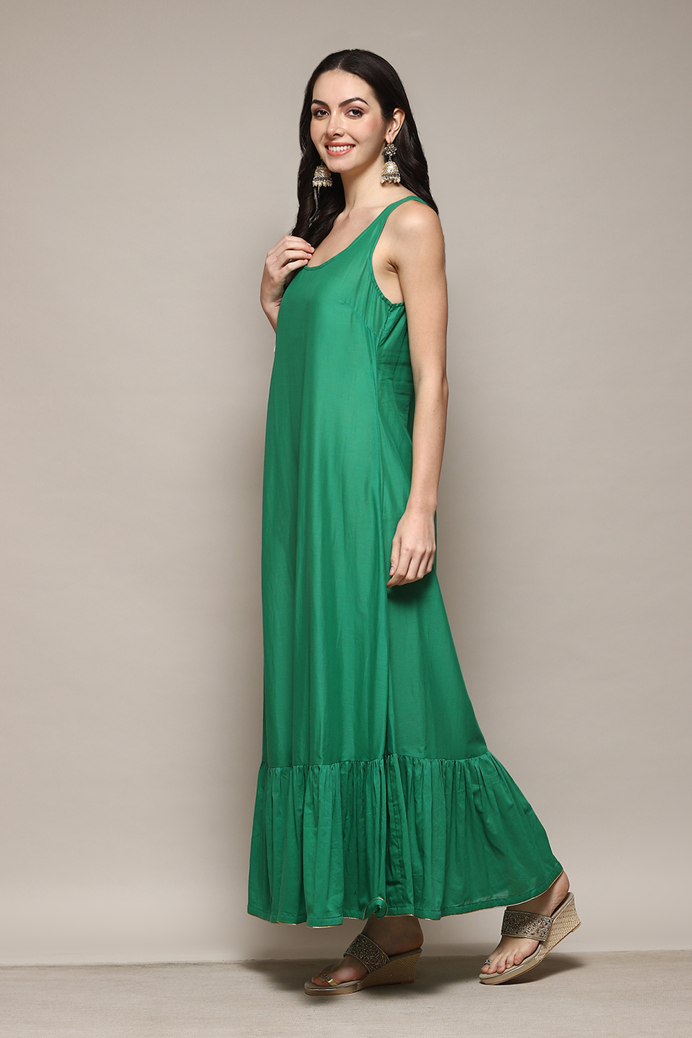 Green Cotton Flared Printed Kurta image number 2