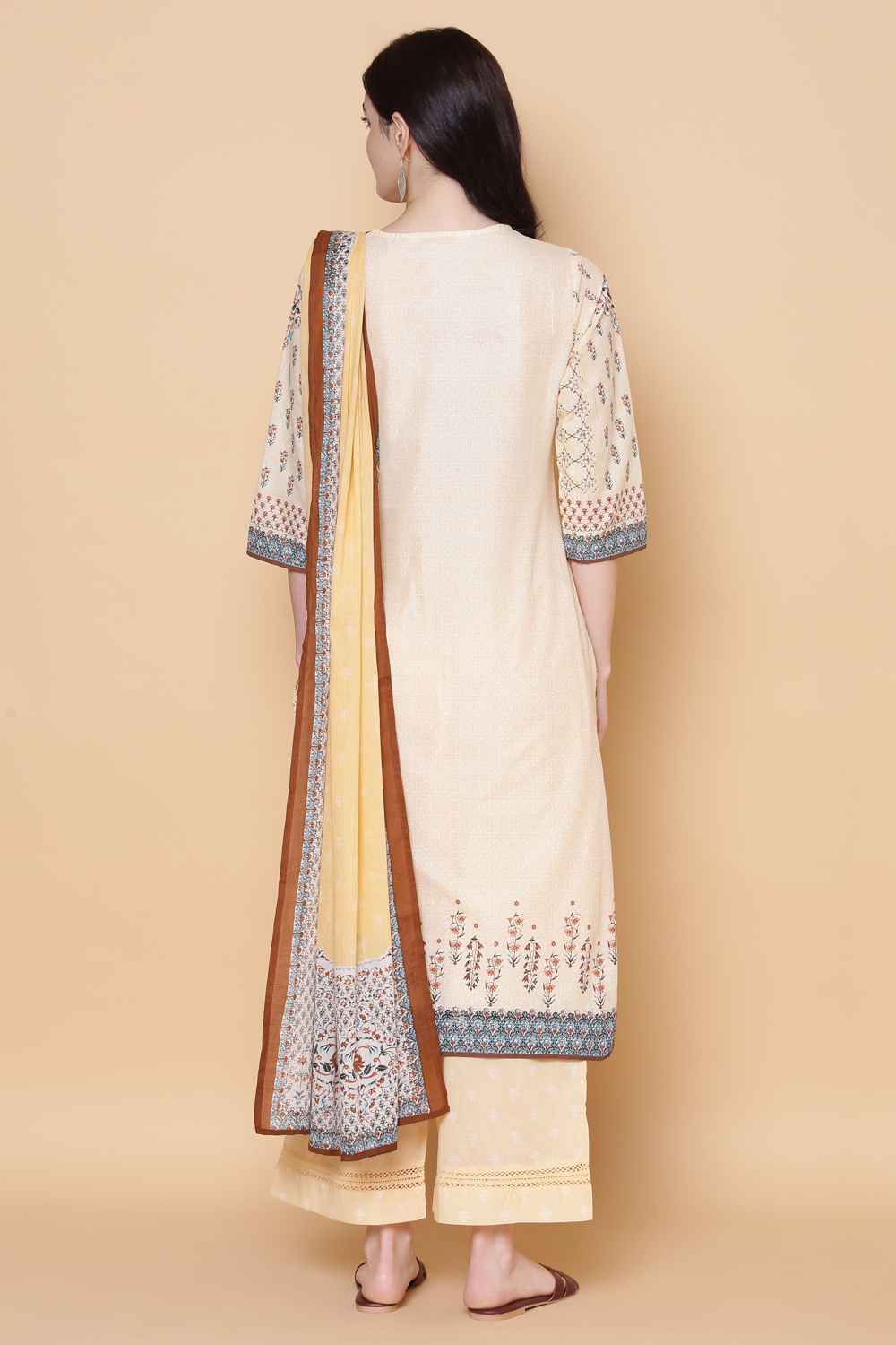 Beige Cotton Straight Kurta Palazzo Suit Set image number 8