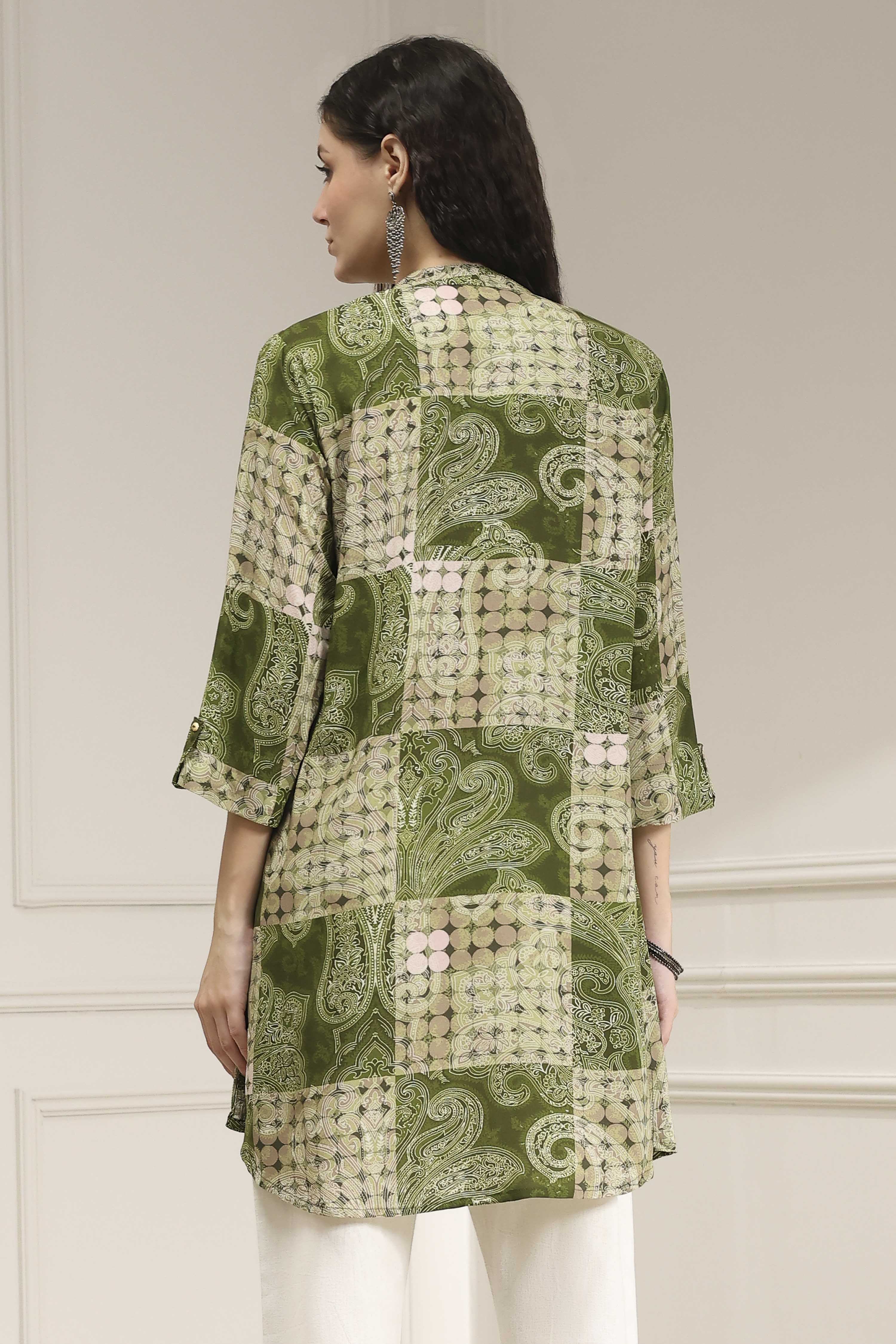 Olive Green Pleated Straight Short Kurta image number 3