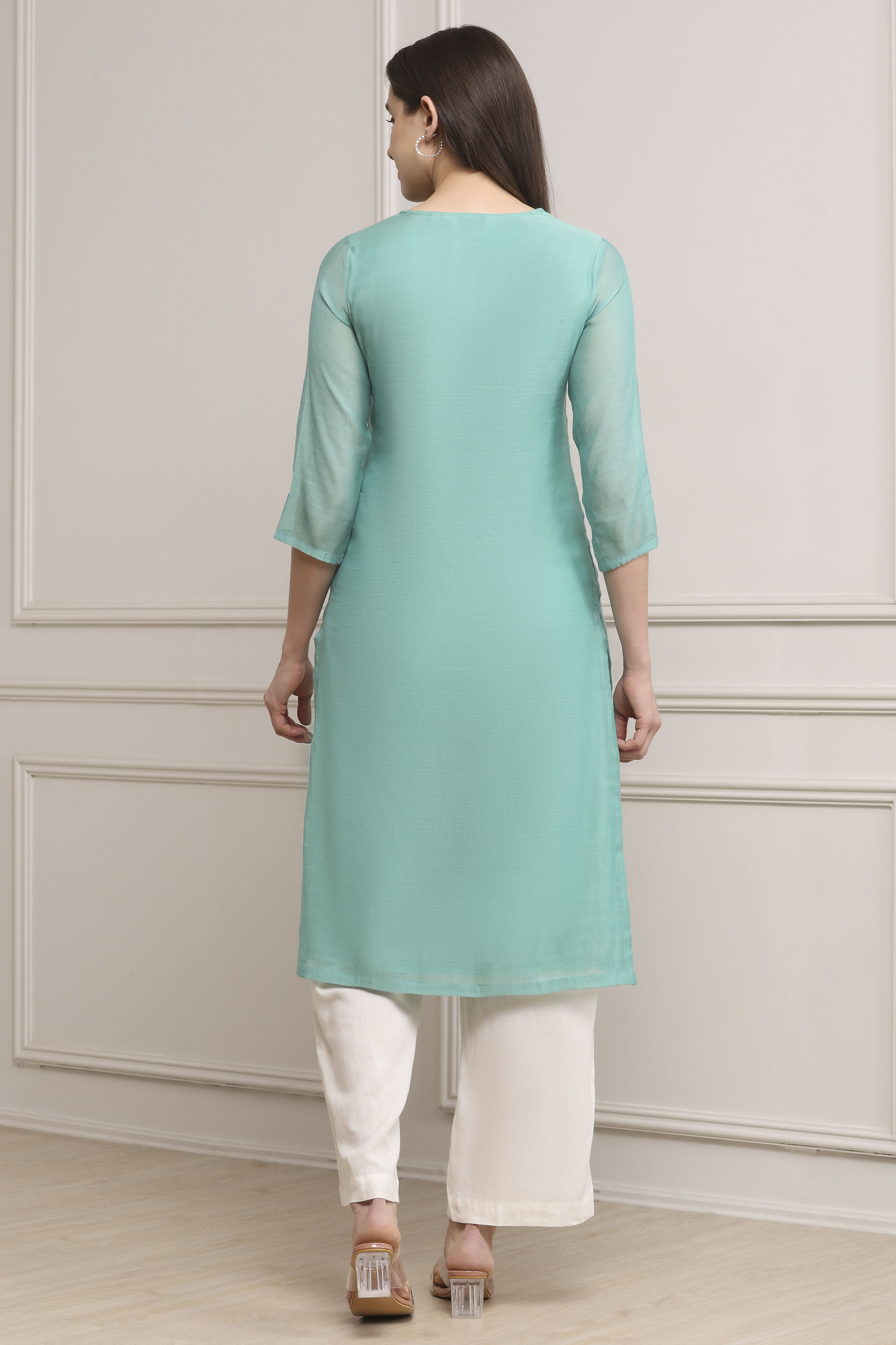 Sea Green Polyester Straight Kurta Pants Set image number 4