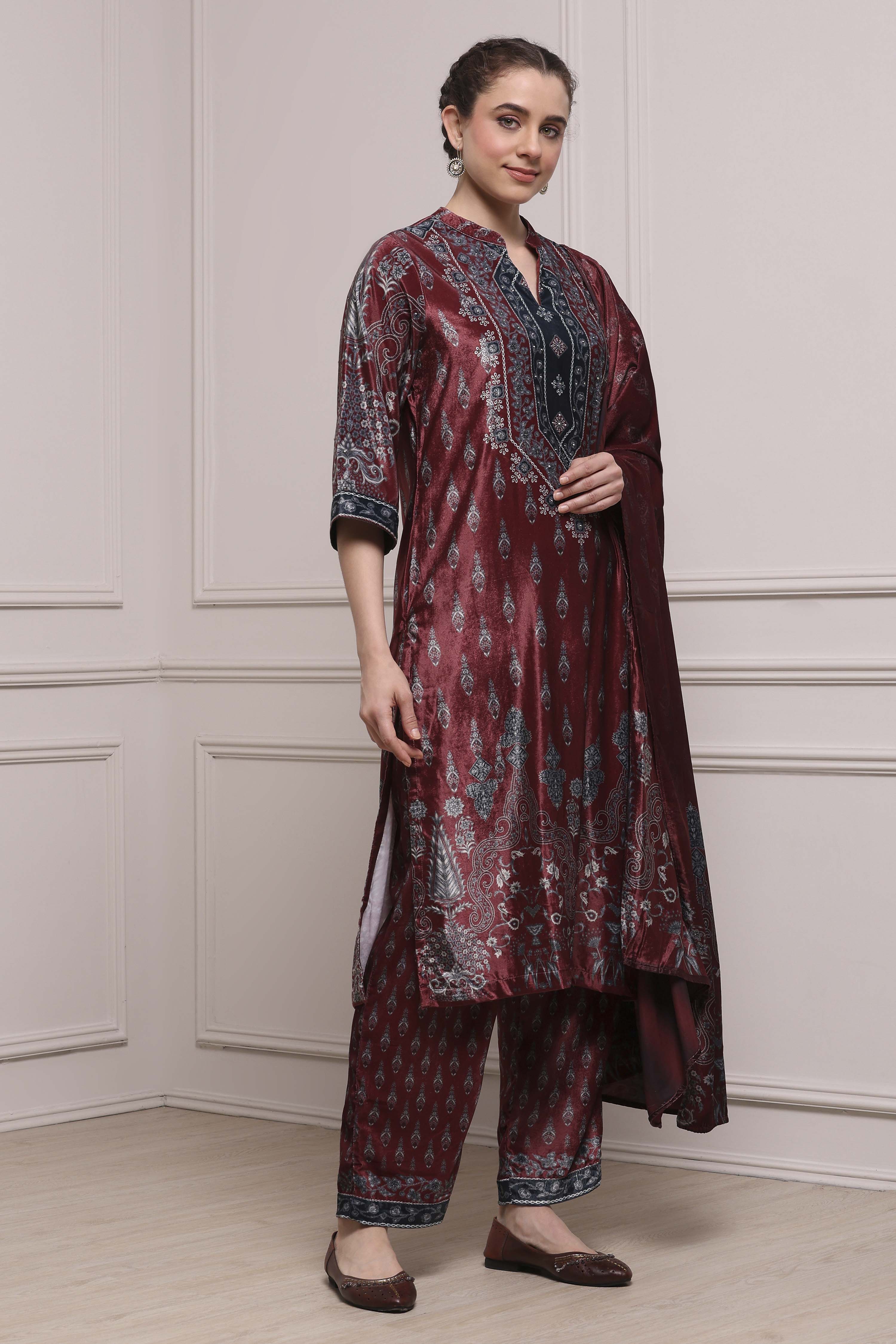 Rust Polyester Straight Printed Suit Set image number 5