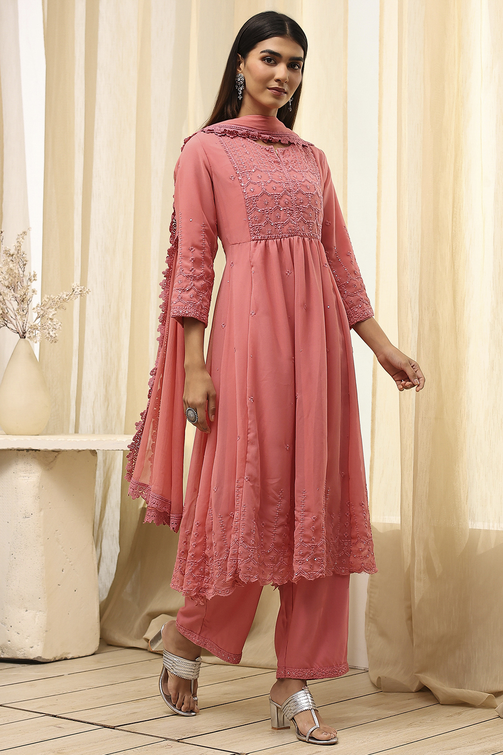 Pink Embroidered Flared Suit Set image number 4