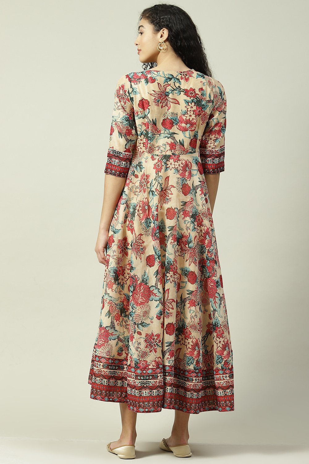 Mustard Poly Cotton Flared Fusion Printed Dress image number 4