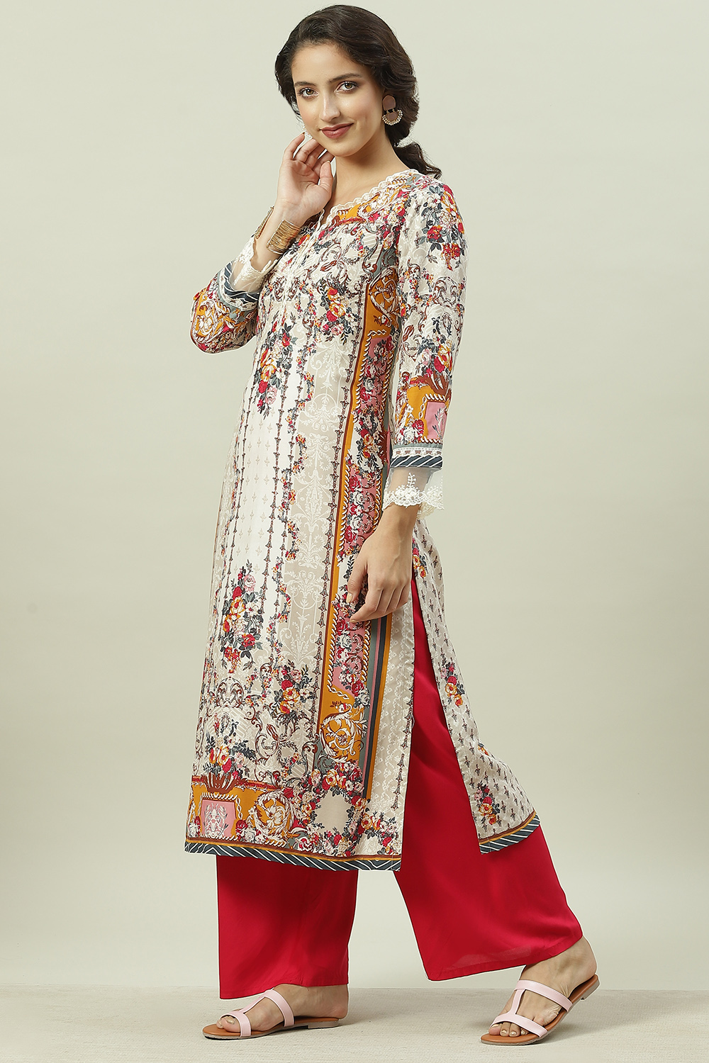 Ecru Rayon Straight Printed Kurta image number 3
