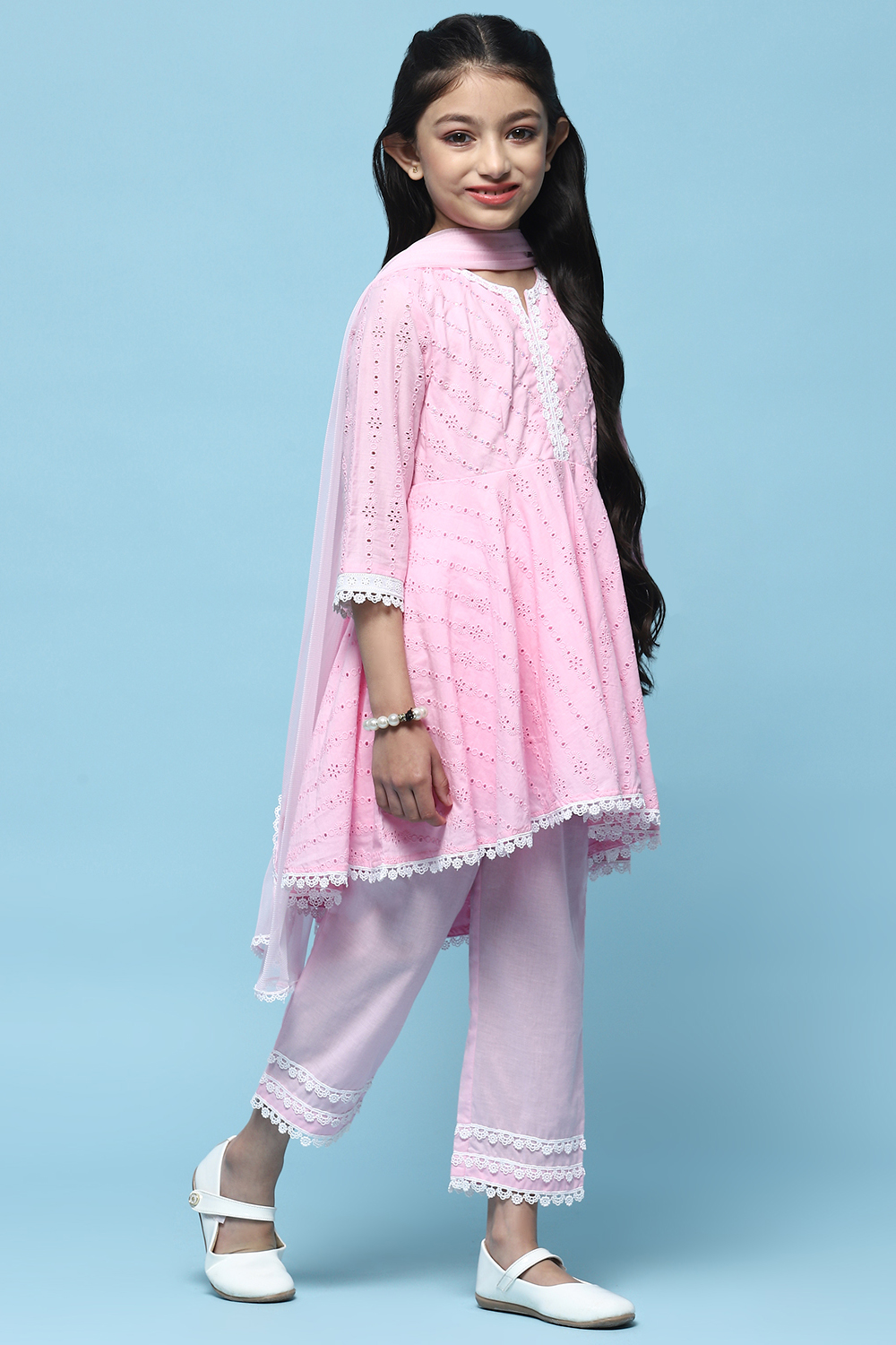 Pink Schiffli Cotton Flared Kurta With Palazzo & Net Dupatta image number 6