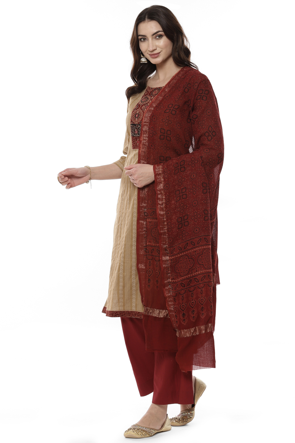 Beige Cotton Handloom Unstitched Suit Set image number 5