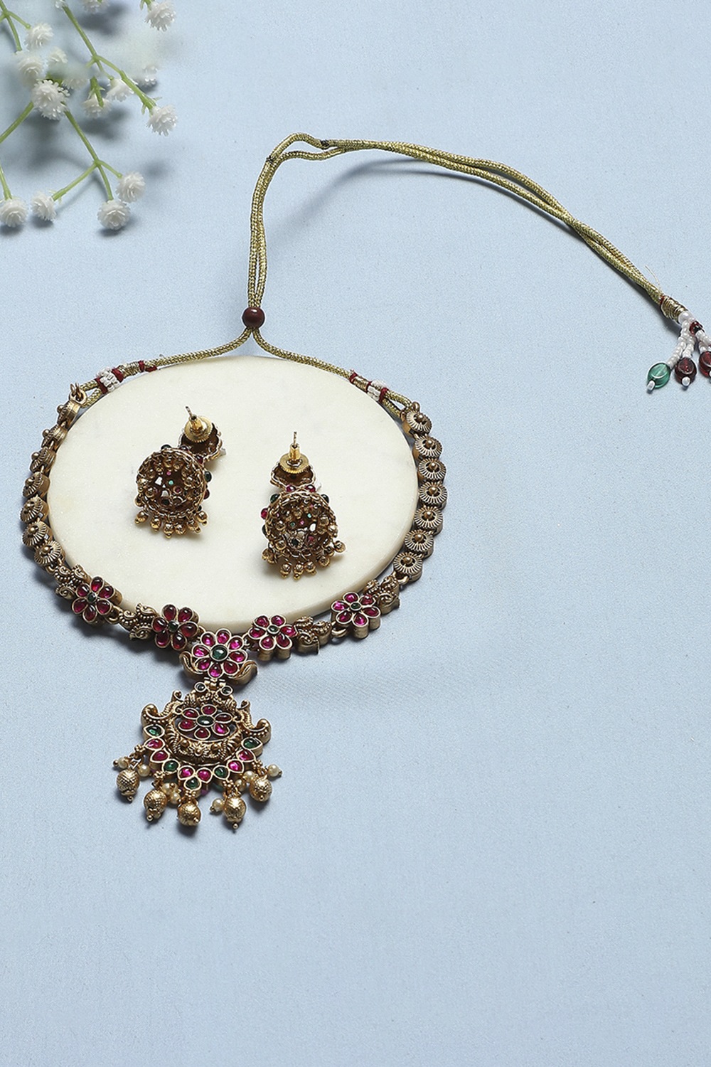 Red Green Stone Necklace Set image number 2