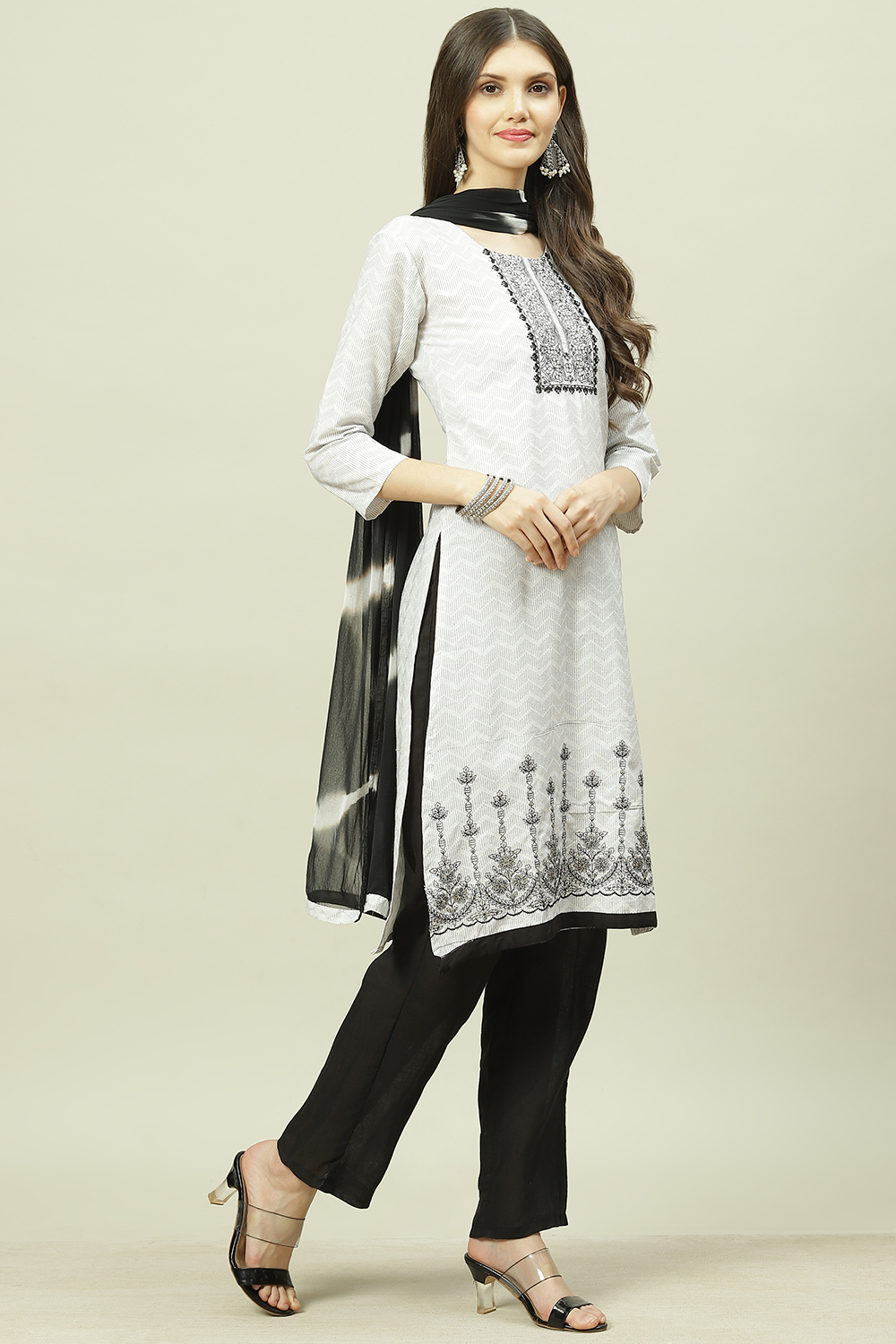 White Cotton Machine Embroidered Unstitched Suit Set image number 6