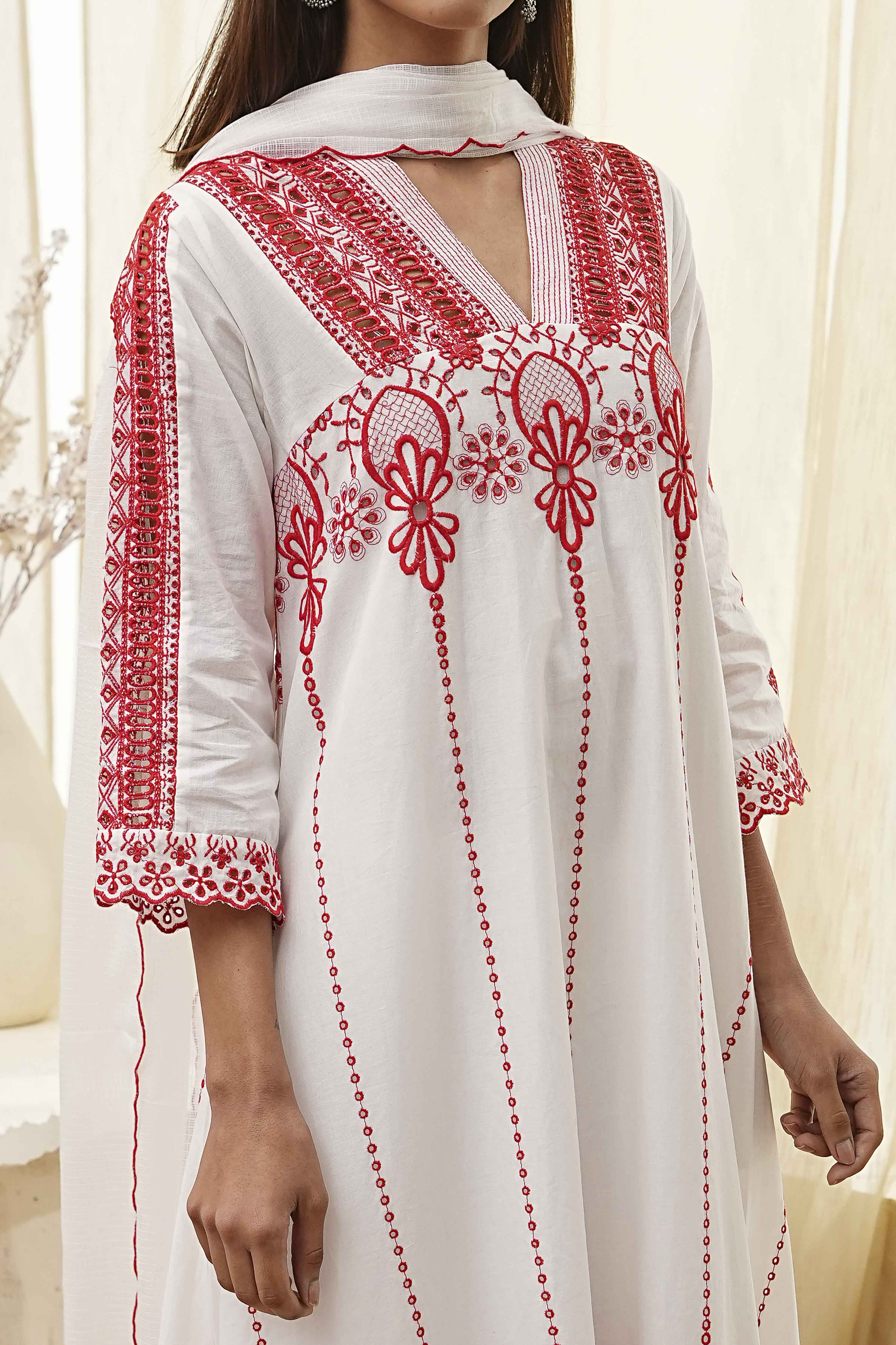White and Red Cotton Asymmetric Suit Set image number 1