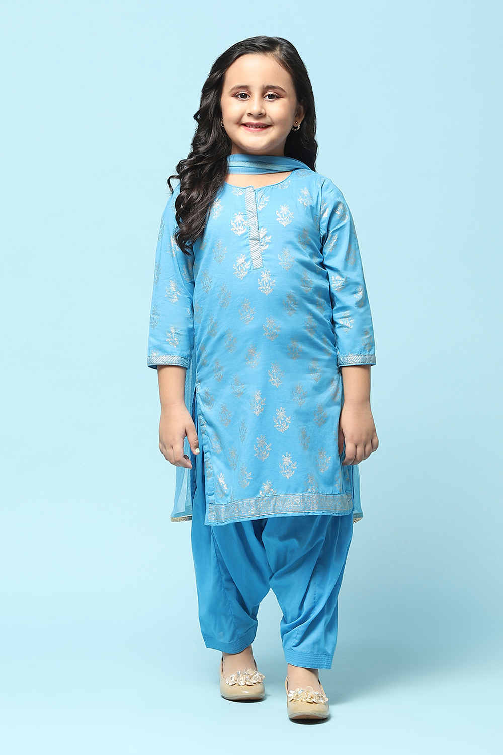 Turquoise Cotton Straight Printed Kurta Patiala Salwar Suit Set image number 7