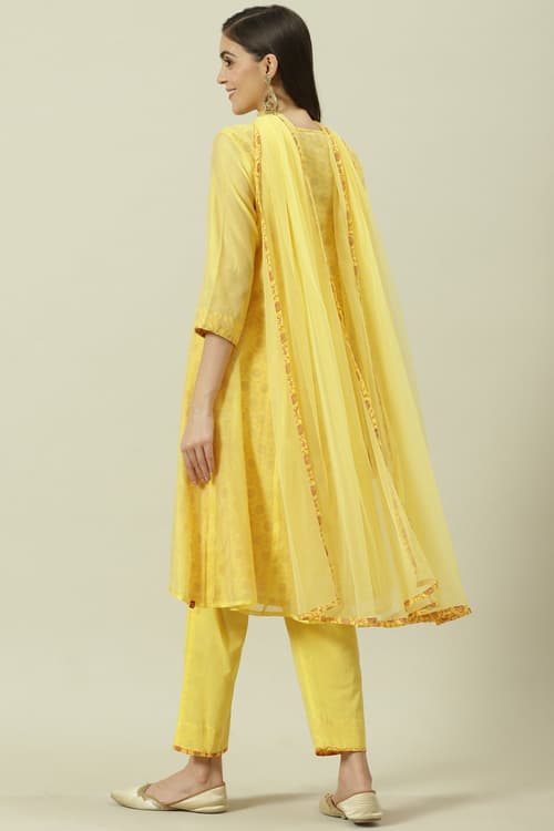 Yellow Cotton Blend Kalidar Kurta Pants Suit Set image number 4