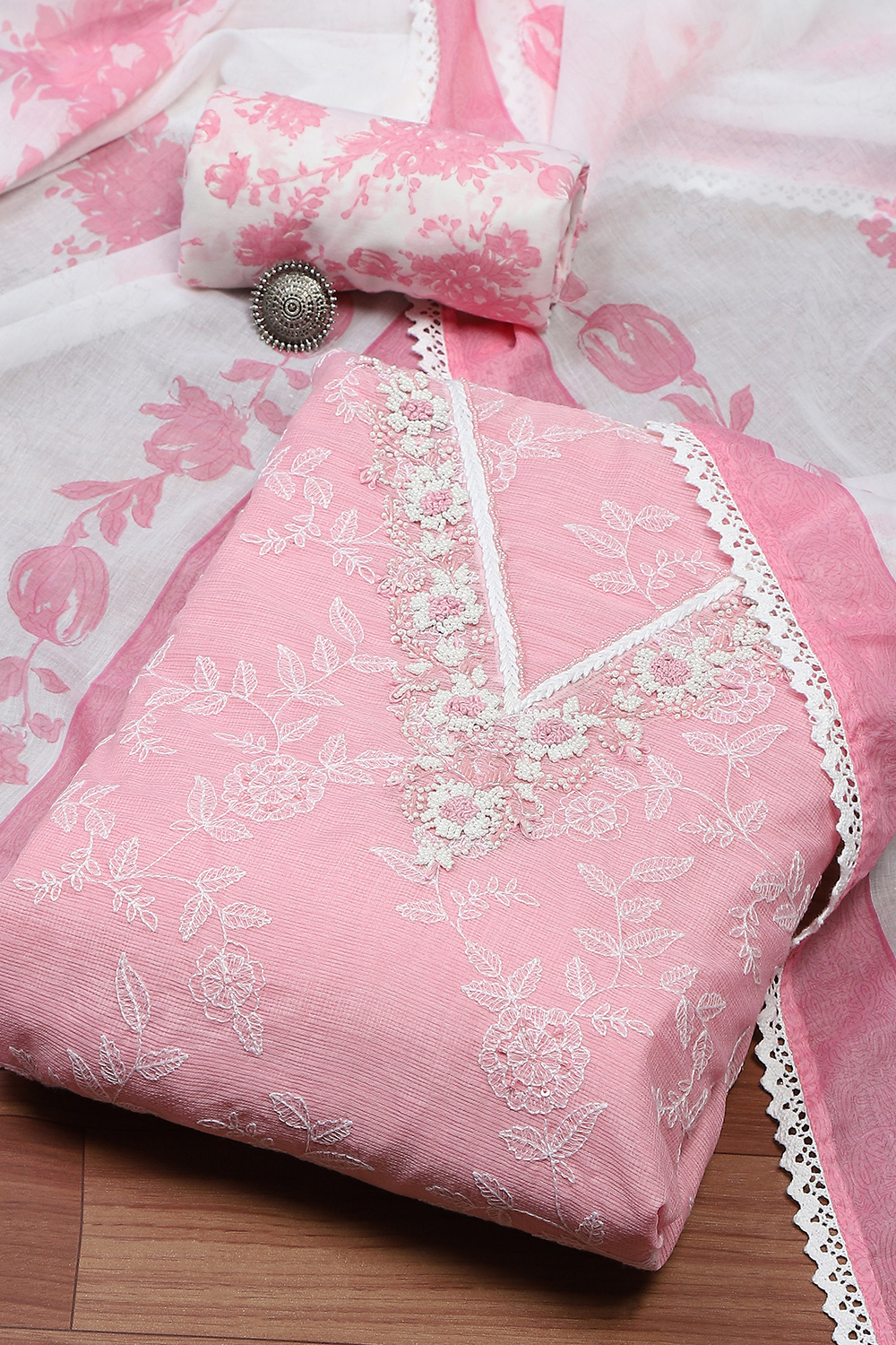 Peach Cotton Hand Embroidered Unstitched Suit Set image number 0